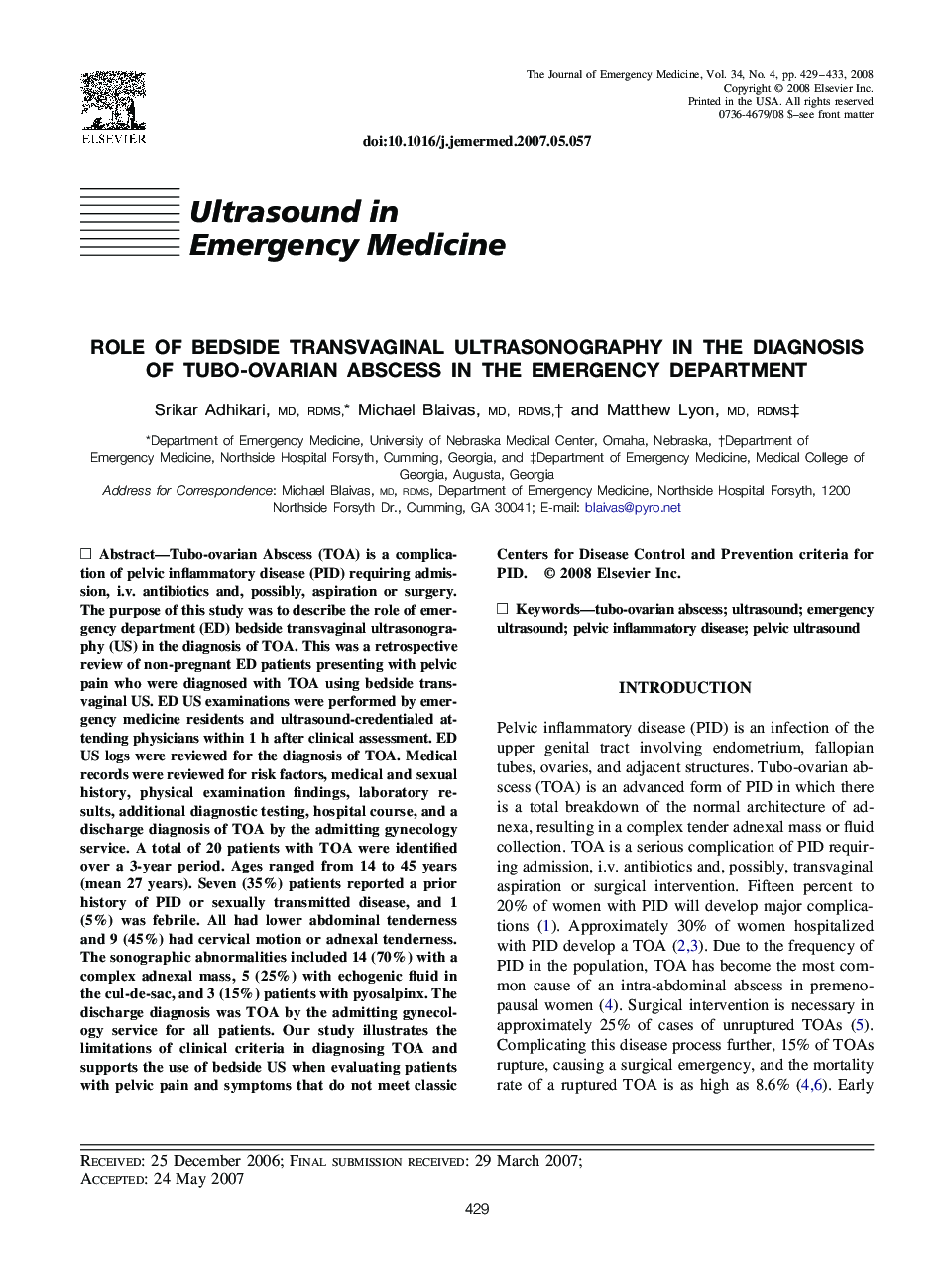 Role of Bedside Transvaginal Ultrasonography in the Diagnosis of Tubo-ovarian Abscess in the Emergency Department