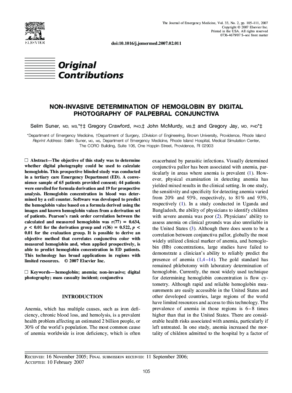 Non-Invasive Determination of Hemoglobin by Digital Photography of Palpebral Conjunctiva