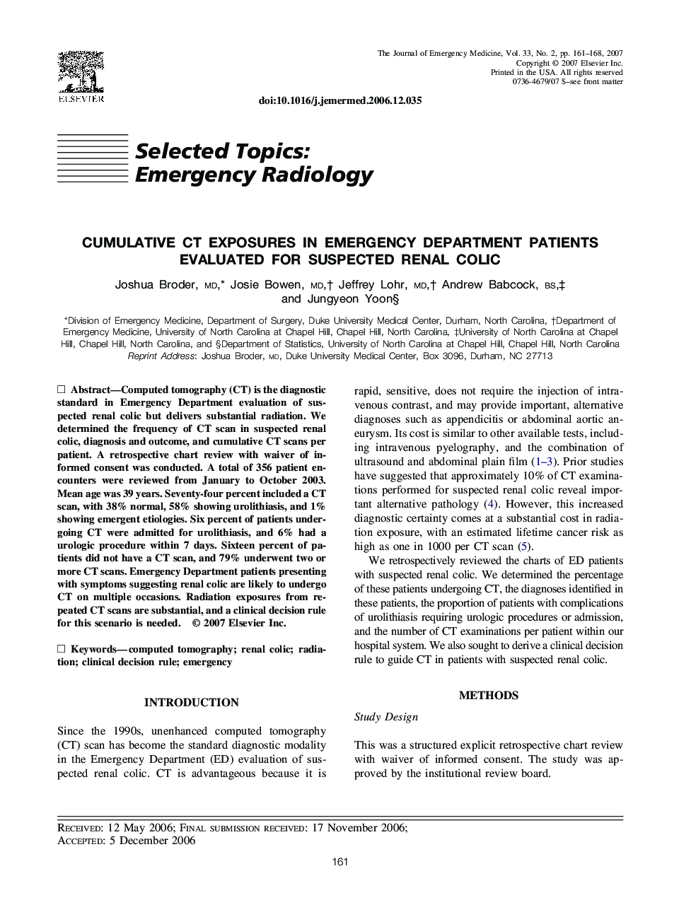 عکس صفحه اول مقاله: Cumulative CT Exposures in Emergency Department Patients Evaluated for Suspected Renal Colic Cumulative CT Exposures in Emergency Department Patients Evaluated for Suspected Renal Colic