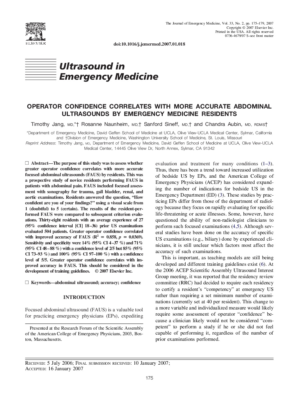 Operator Confidence Correlates with More Accurate Abdominal Ultrasounds by Emergency Medicine Residents