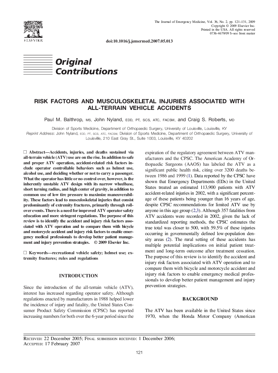 Risk Factors and Musculoskeletal Injuries Associated with All-Terrain Vehicle Accidents