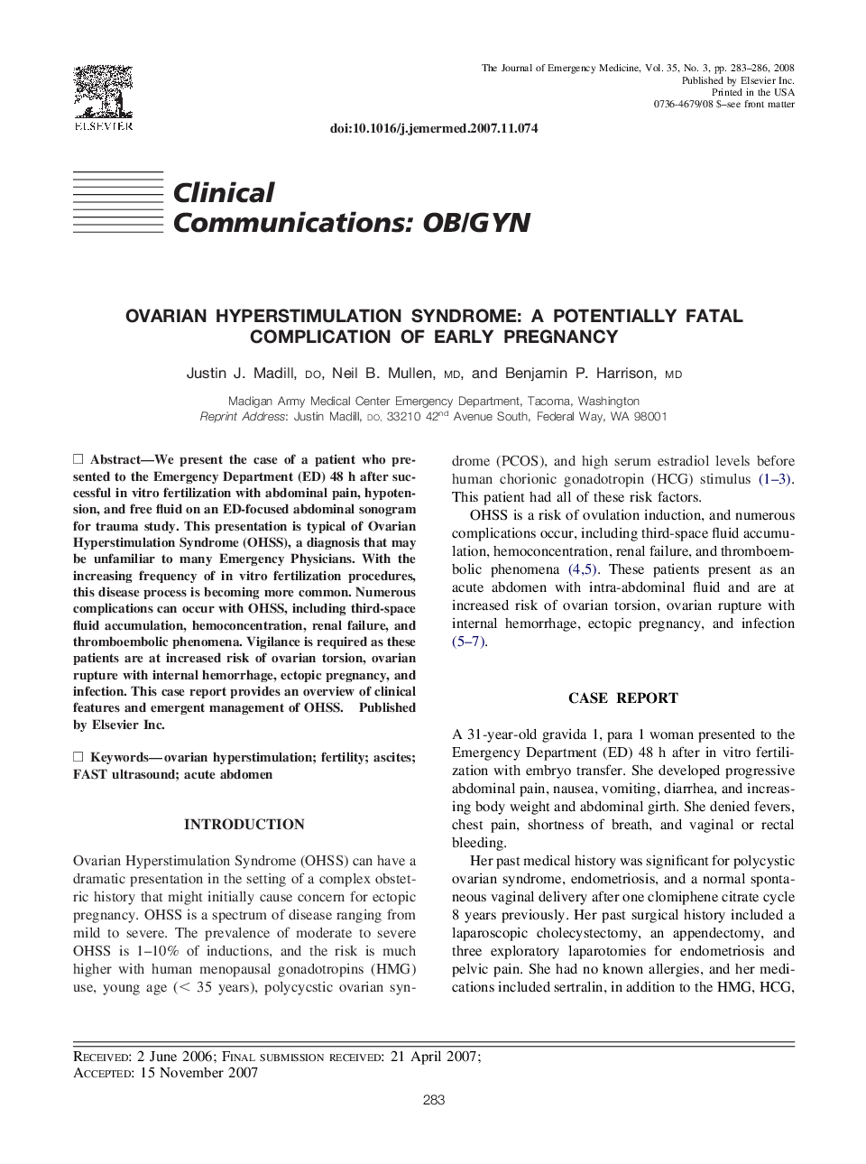 Ovarian Hyperstimulation Syndrome: A Potentially Fatal Complication of Early Pregnancy