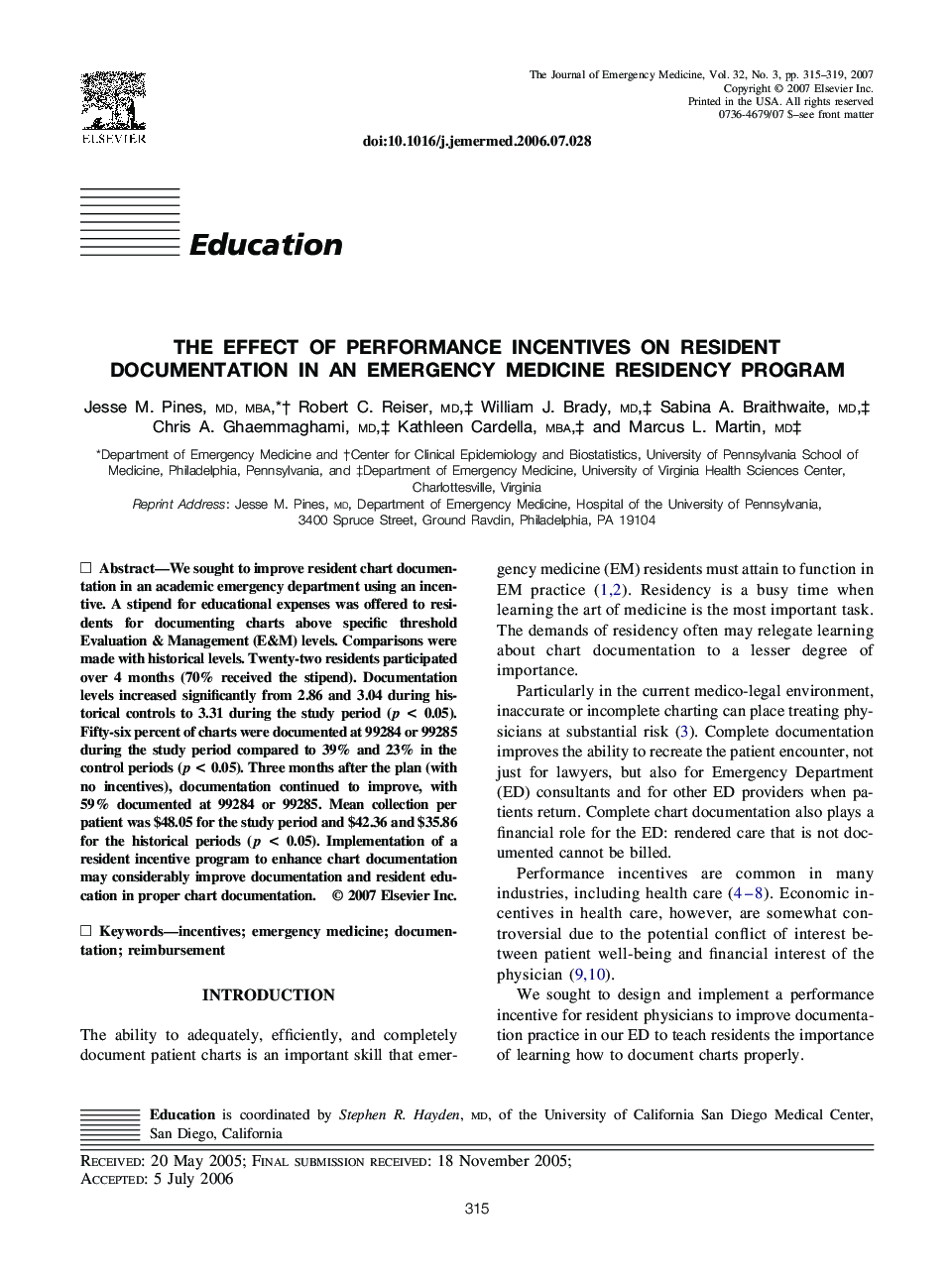 The Effect of Performance Incentives on Resident Documentation in an Emergency Medicine Residency Program 