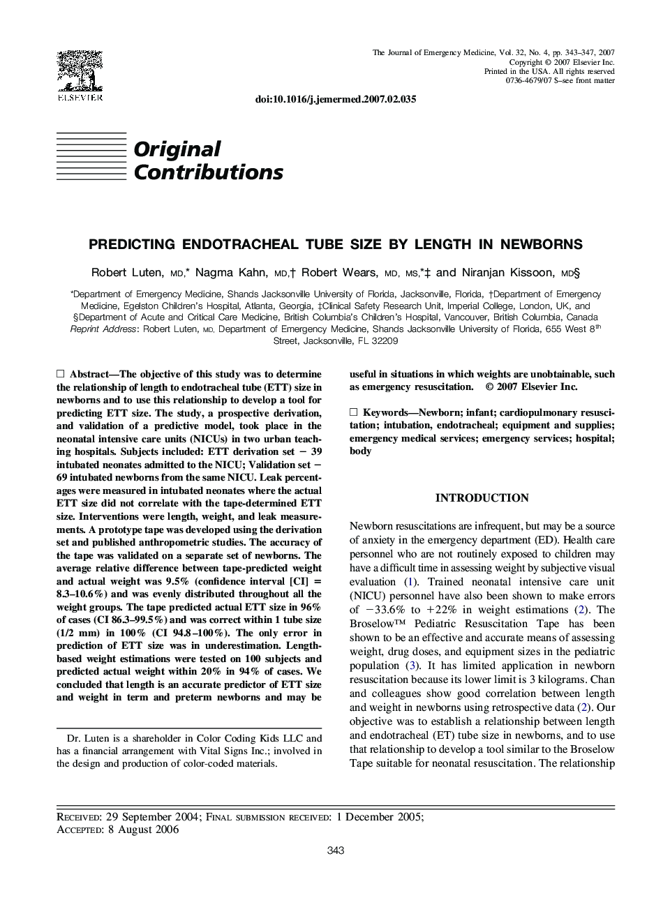 Predicting Endotracheal Tube Size by Length in Newborns