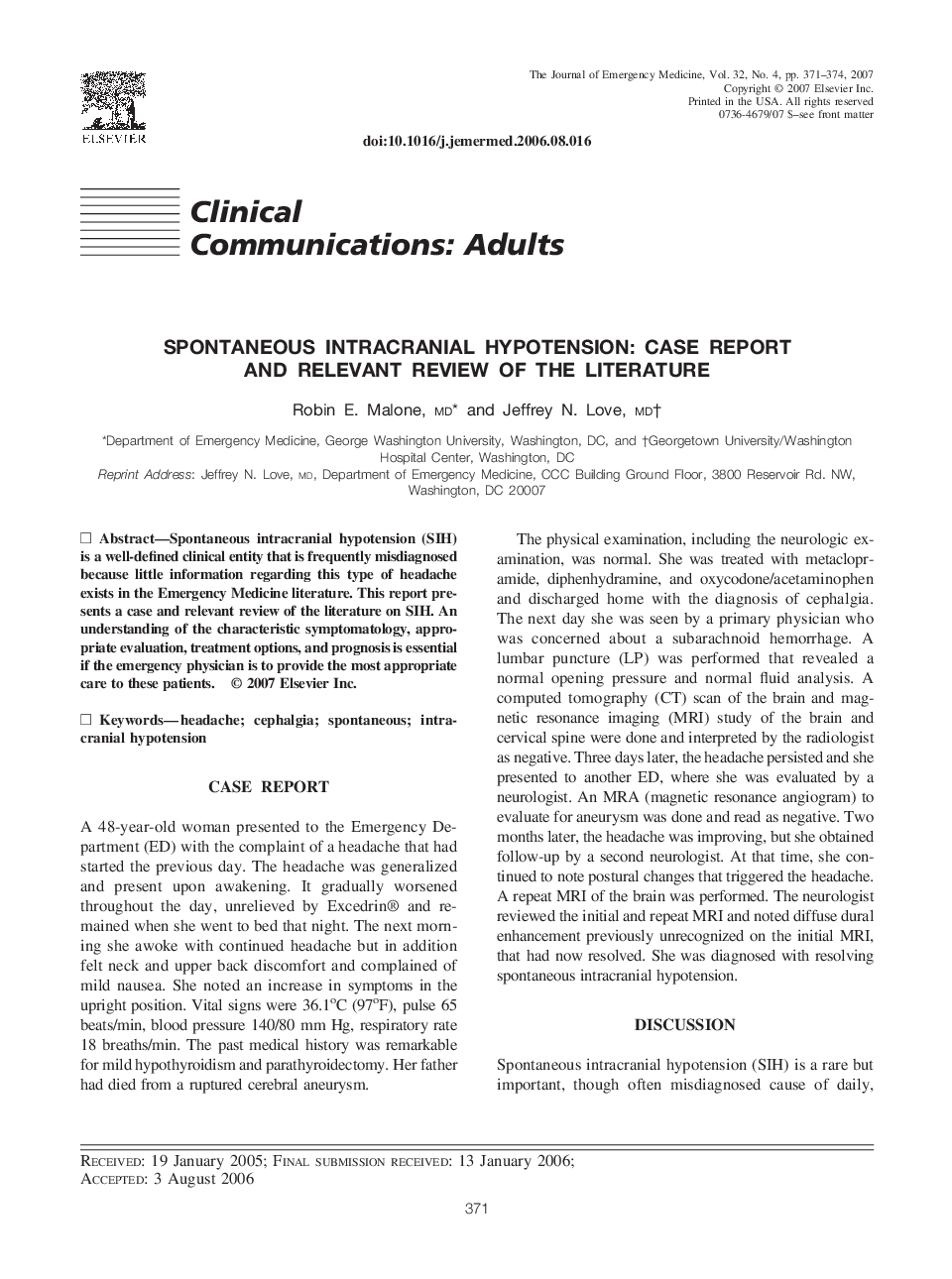 Spontaneous Intracranial Hypotension: Case Report and Relevant Review of the Literature