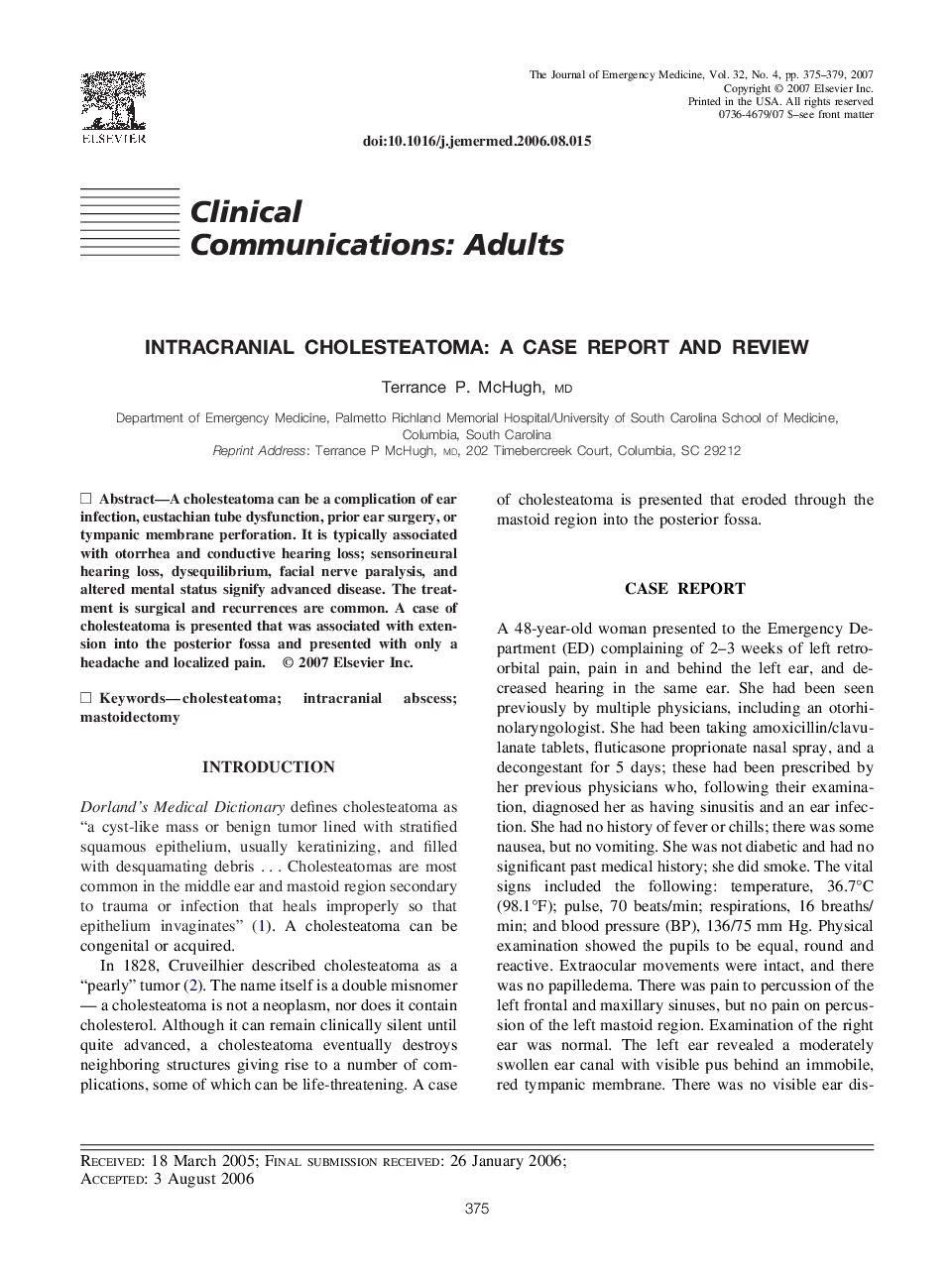 Intracranial Cholesteatoma: A Case Report and Review