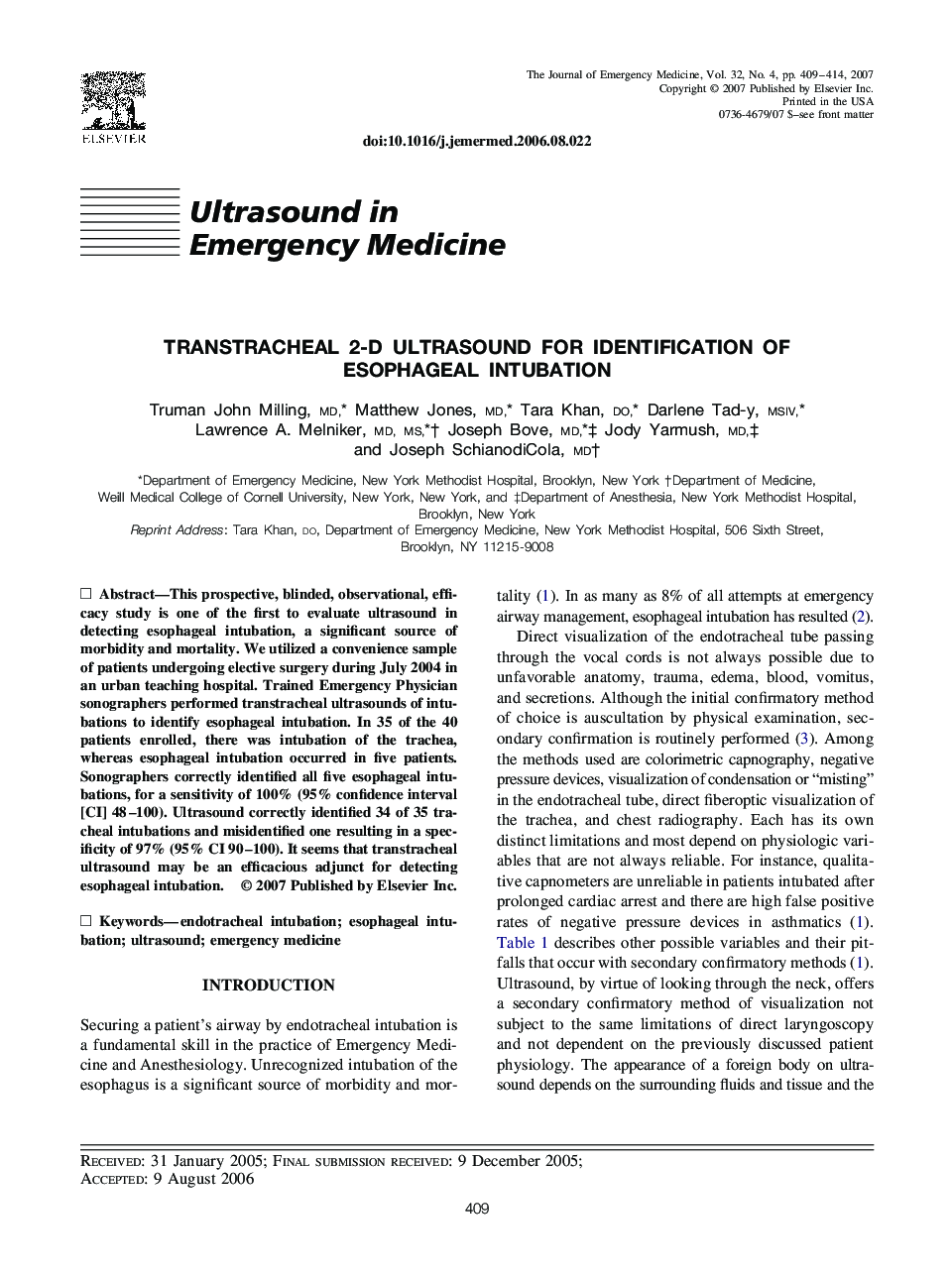 Transtracheal 2-D Ultrasound for Identification of Esophageal Intubation