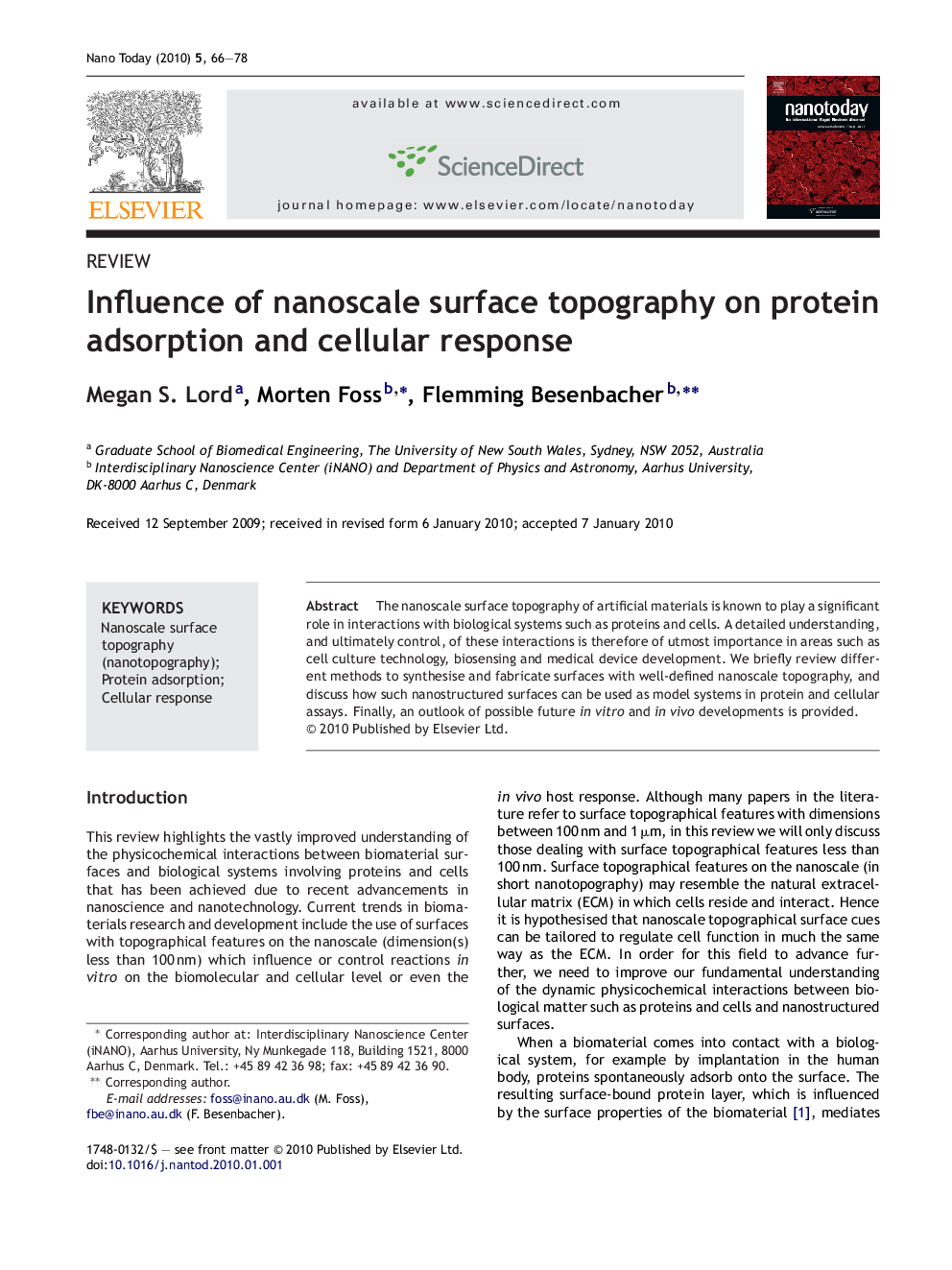 Influence of nanoscale surface topography on protein adsorption and cellular response