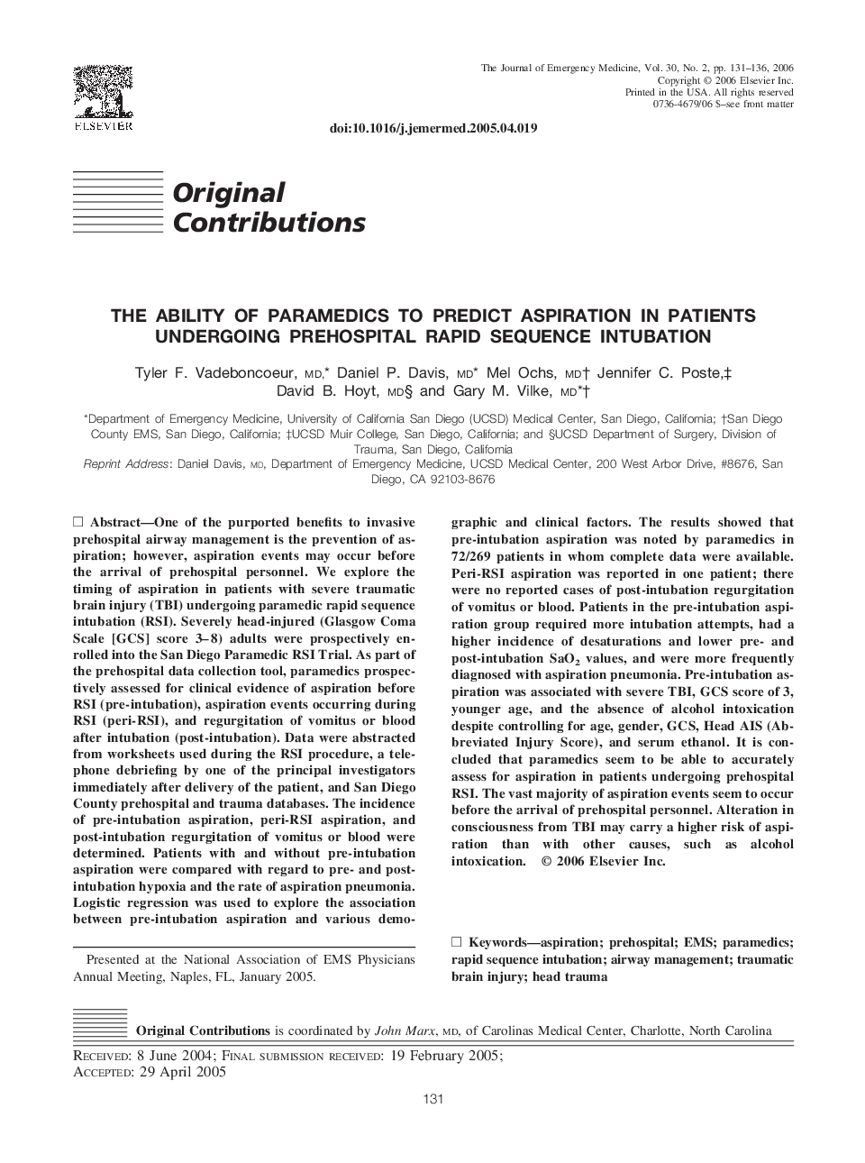 The ability of paramedics to predict aspiration in patients undergoing prehospital rapid sequence intubation 