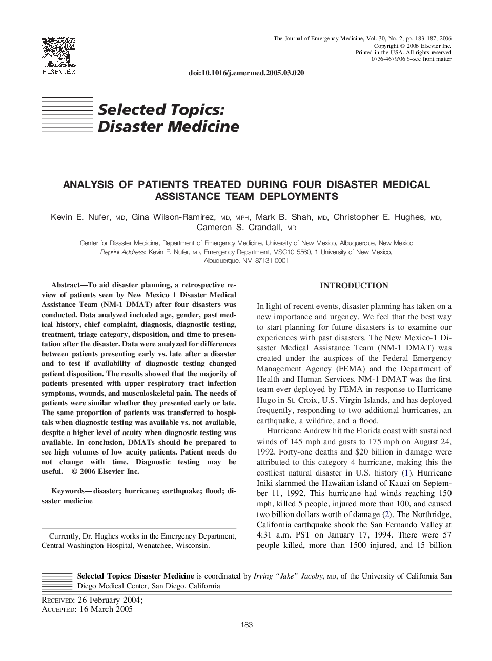 Analysis of patients treated during four Disaster Medical Assistance Team deployments 