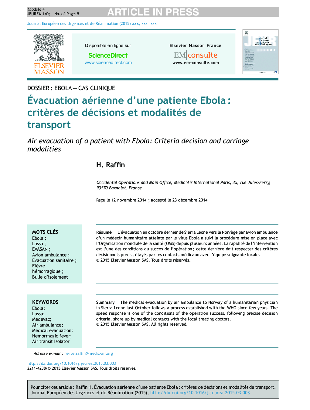 Ãvacuation aérienne d'une patiente EbolaÂ : critÃ¨res de décisions et modalités de transport