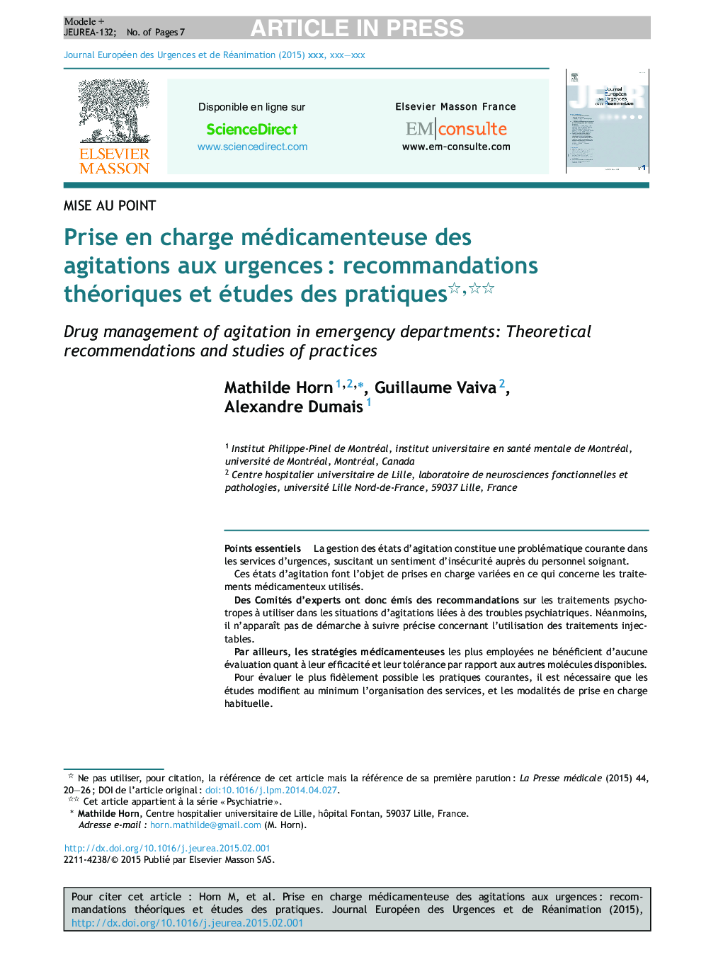 Prise en charge médicamenteuse des agitations aux urgencesÂ : recommandations théoriques et études des pratiques