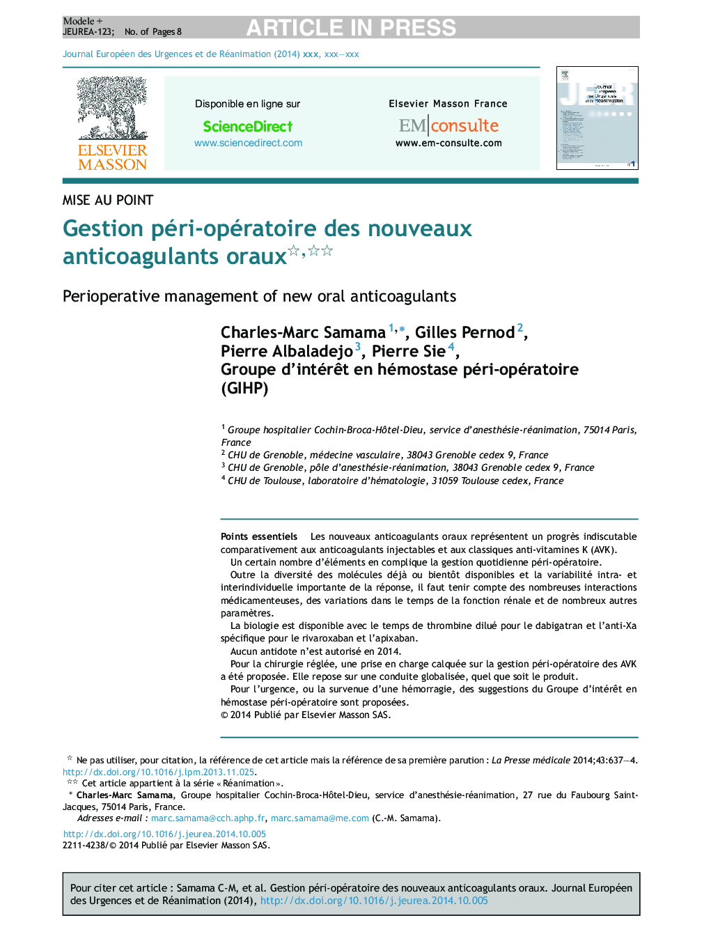 Gestion péri-opératoire des nouveaux anticoagulants oraux