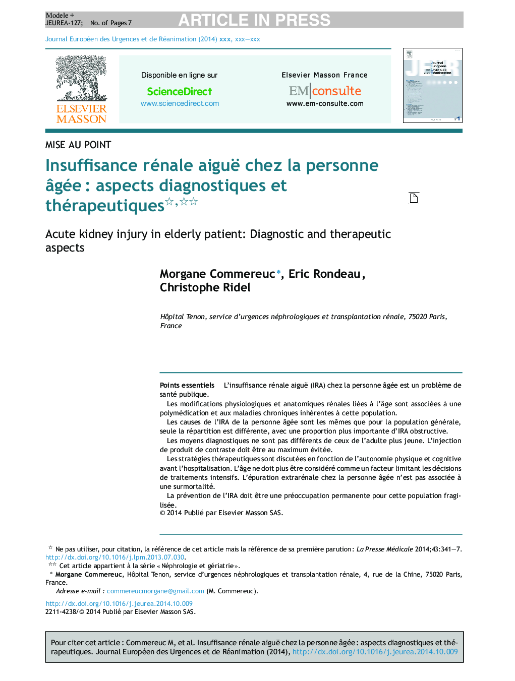 Insuffisance rénale aiguë chez la personne Ã¢géeÂ : aspects diagnostiques et thérapeutiques