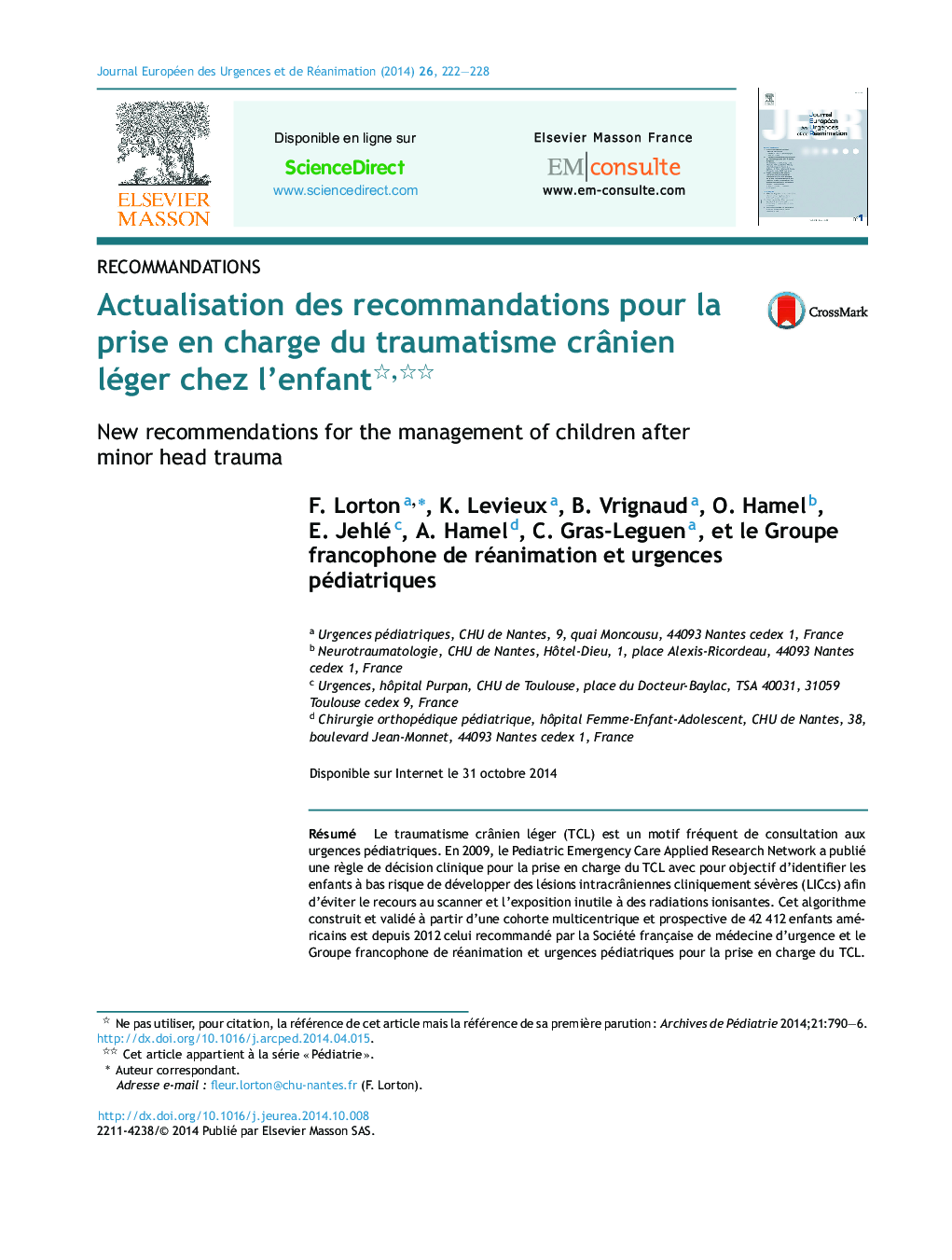 Actualisation des recommandations pour la prise en charge du traumatisme crÃ¢nien léger chez l'enfant