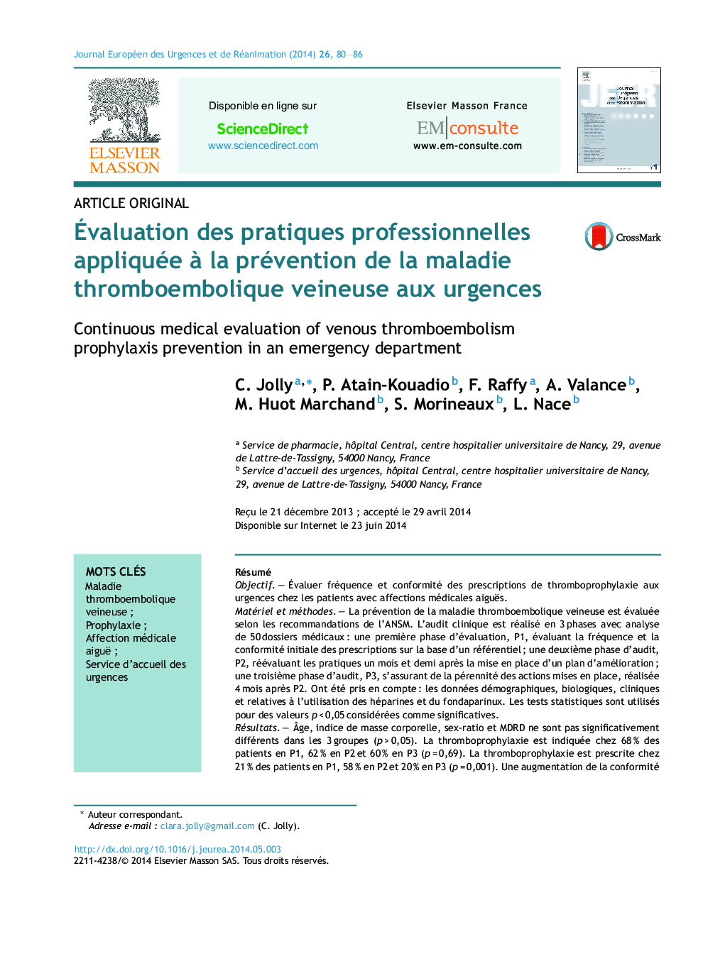 عکس صفحه اول مقاله: Ãvaluation des pratiques professionnelles appliquée à la prévention de la maladie thromboembolique veineuse aux urgences Ãvaluation des pratiques professionnelles appliquée à la prévention de la maladie thromboembolique veineuse aux urgences