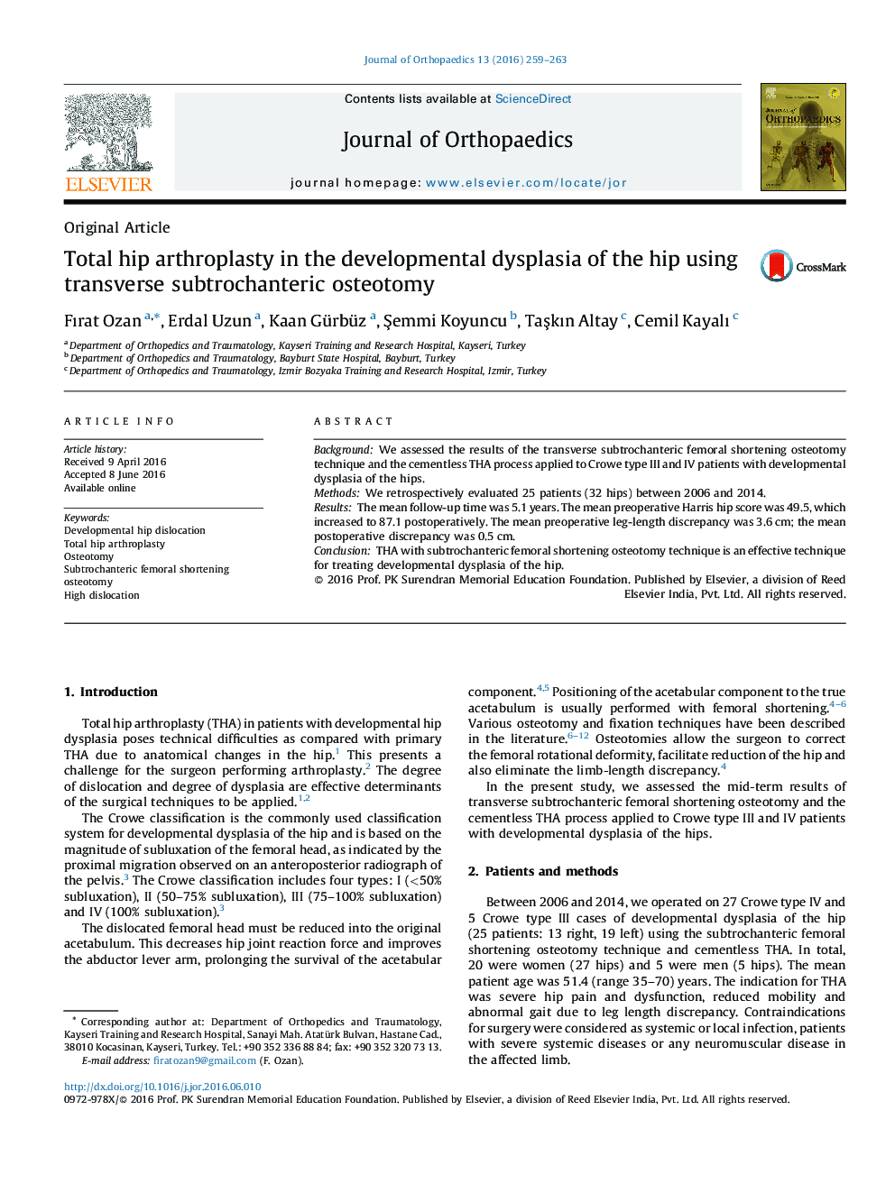 Total hip arthroplasty in the developmental dysplasia of the hip using transverse subtrochanteric osteotomy