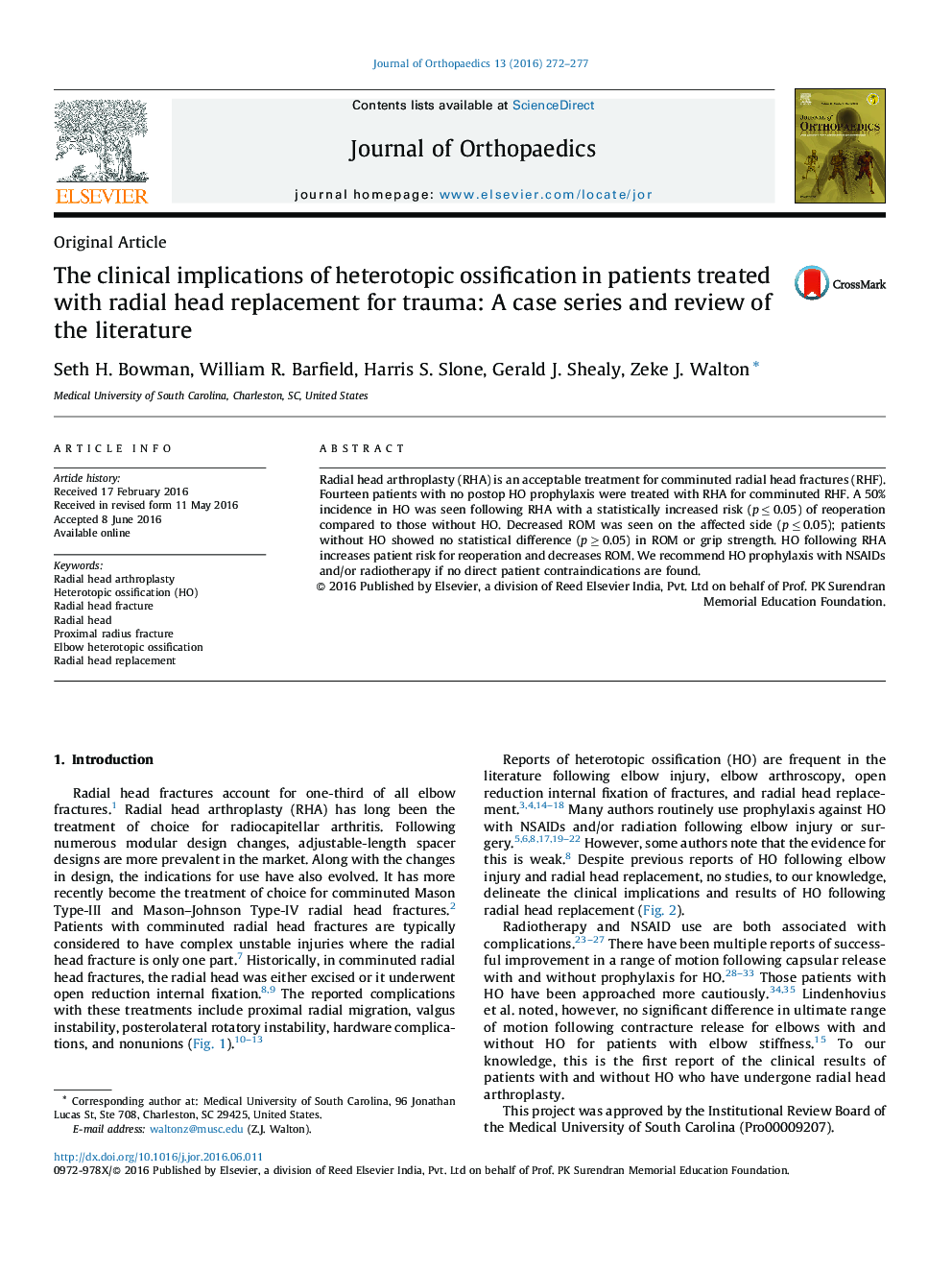 The clinical implications of heterotopic ossification in patients treated with radial head replacement for trauma: A case series and review of the literature