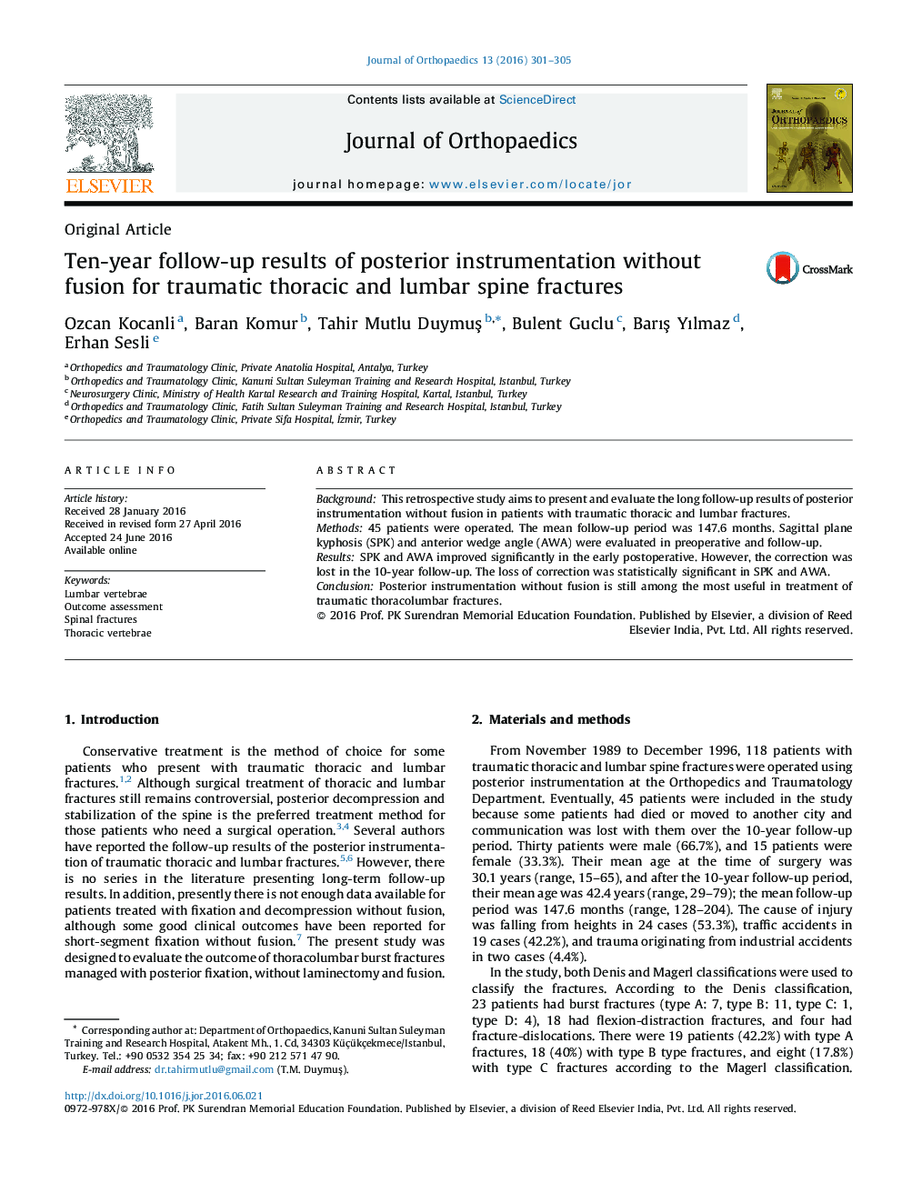 Ten-year follow-up results of posterior instrumentation without fusion for traumatic thoracic and lumbar spine fractures