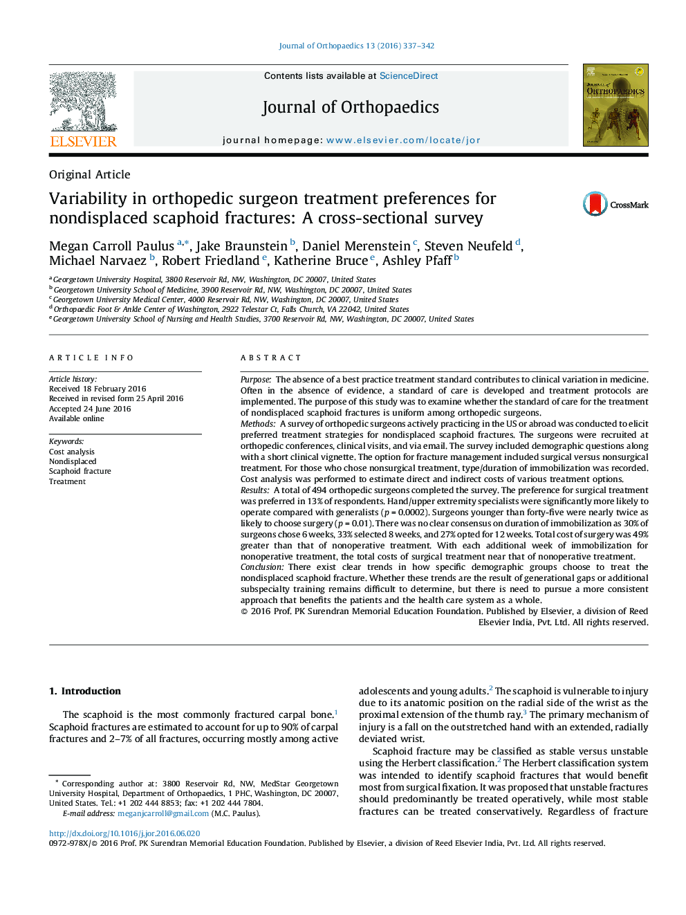 Variability in orthopedic surgeon treatment preferences for nondisplaced scaphoid fractures: A cross-sectional survey