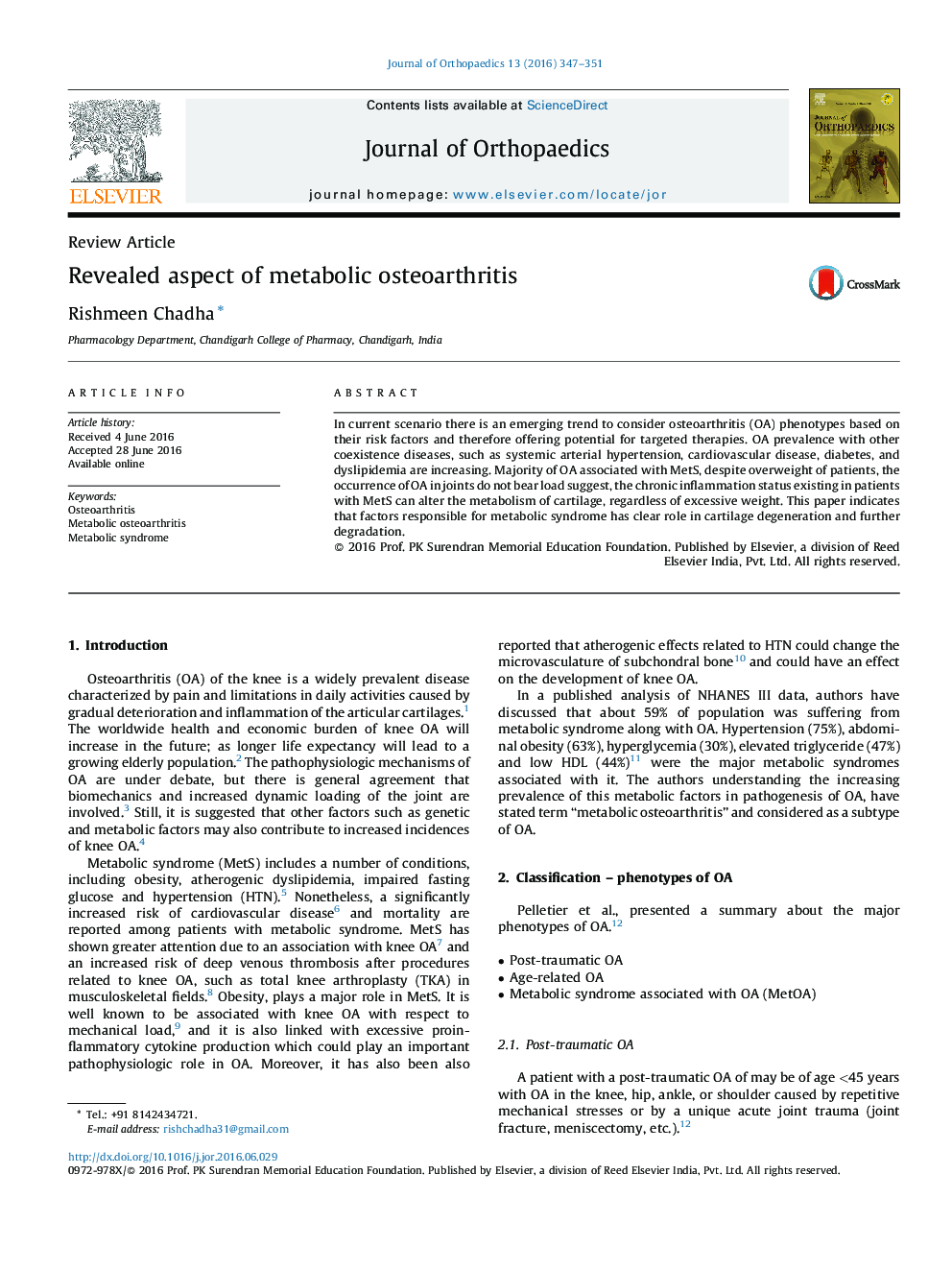 Revealed aspect of metabolic osteoarthritis