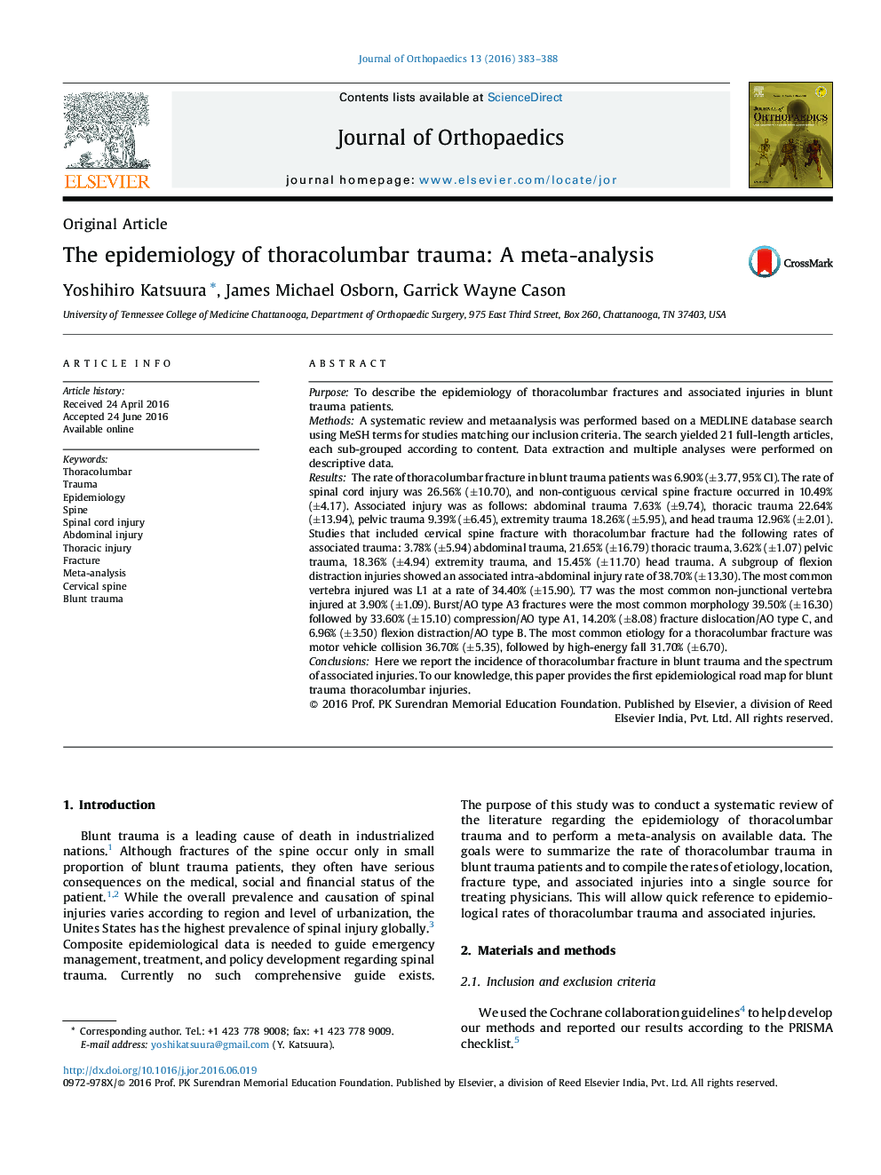 The epidemiology of thoracolumbar trauma: A meta-analysis