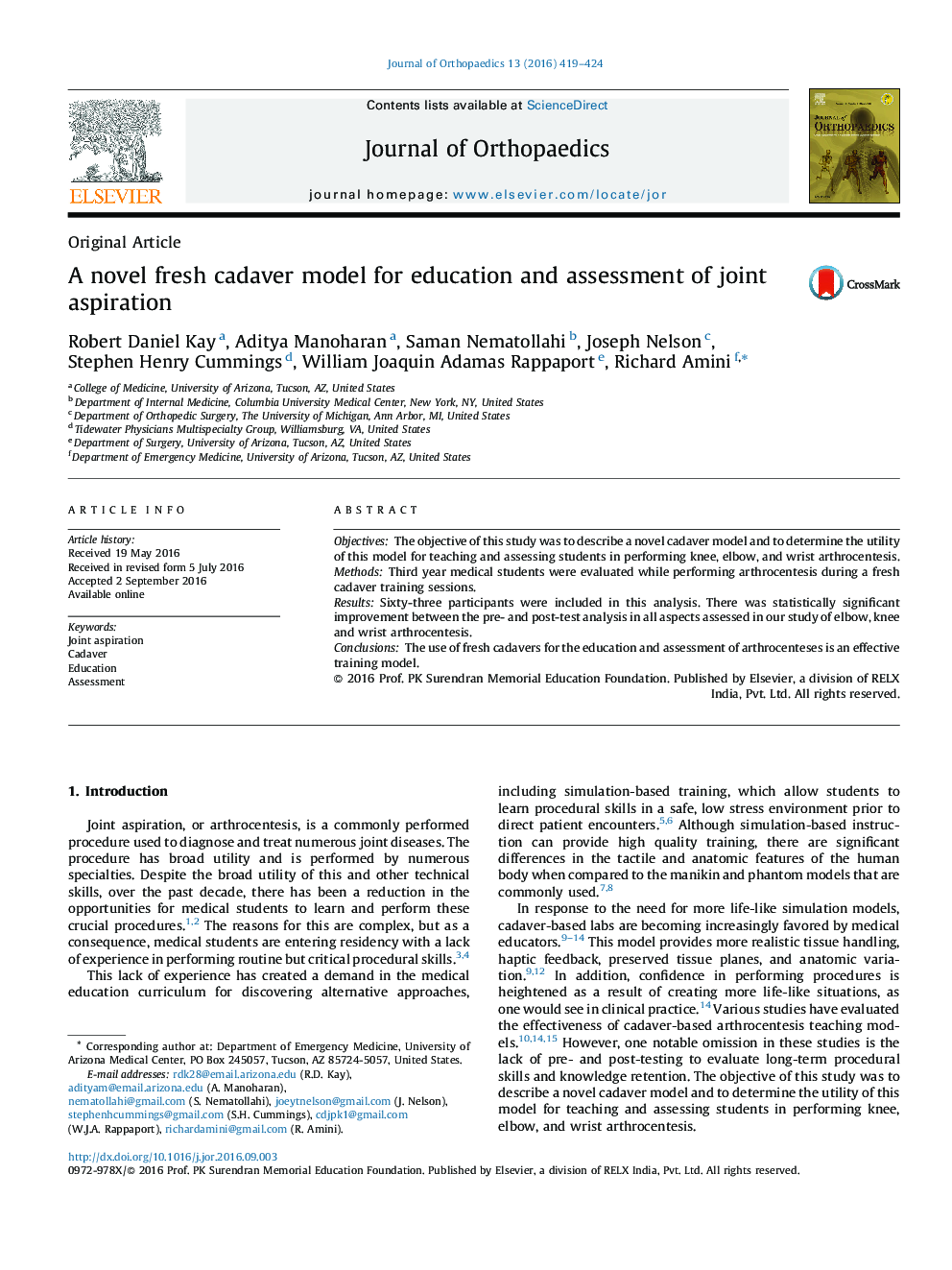 A novel fresh cadaver model for education and assessment of joint aspiration