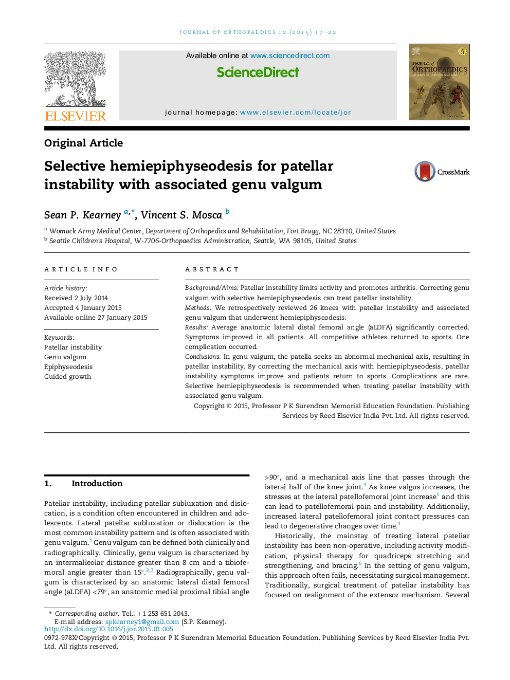 Selective hemiepiphyseodesis for patellar instability with associated genu valgum