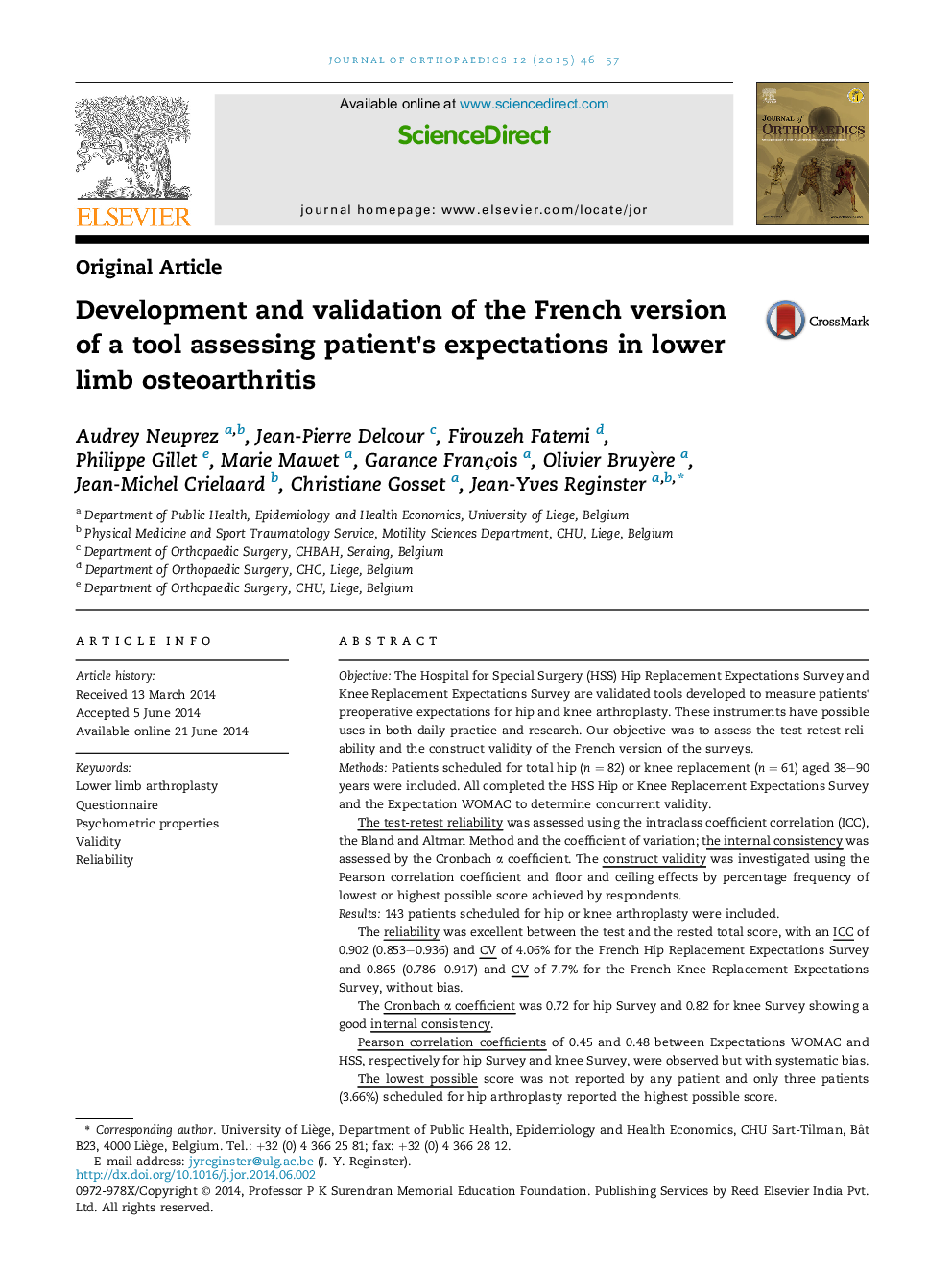 Development and validation of the French version of a tool assessing patient's expectations in lower limb osteoarthritis