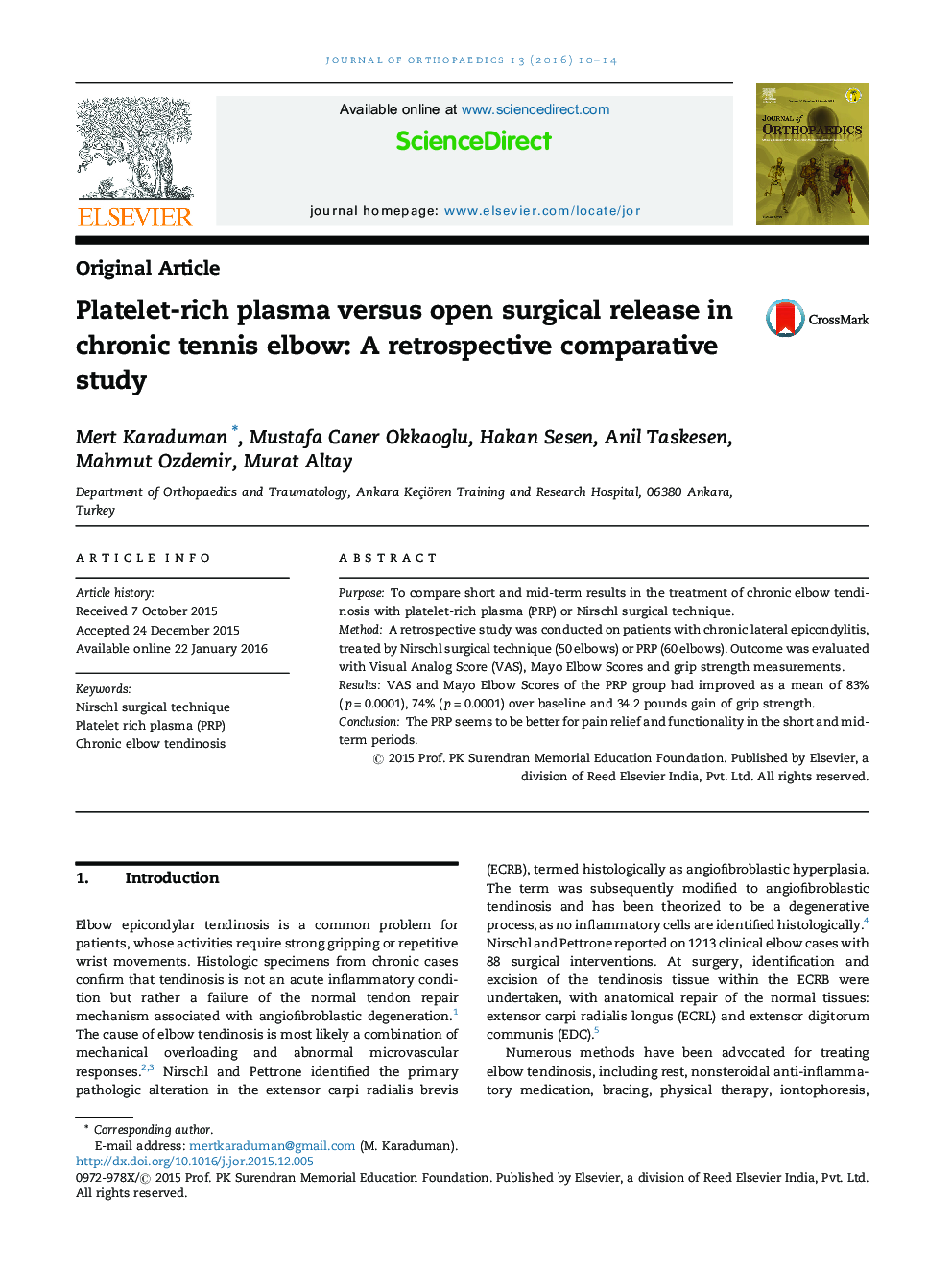 Platelet-rich plasma versus open surgical release in chronic tennis elbow: A retrospective comparative study