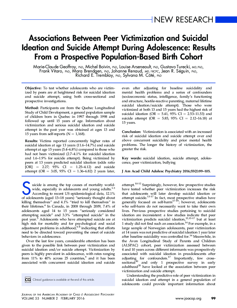 Associations Between Peer Victimization and Suicidal Ideation and Suicide Attempt During Adolescence: Results From a Prospective Population-Based Birth Cohort 