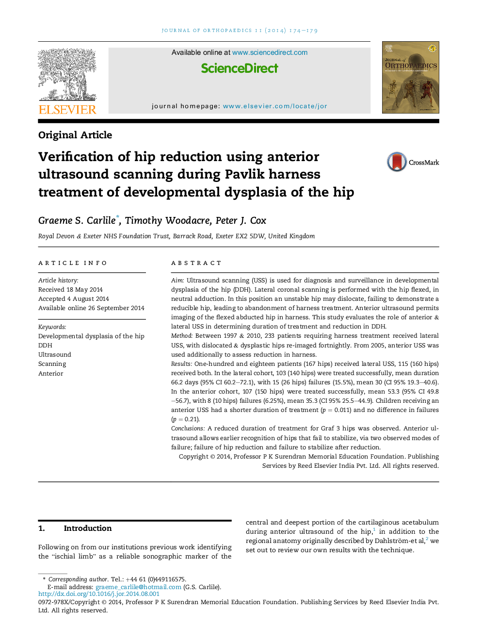 Verification of hip reduction using anterior ultrasound scanning during Pavlik harness treatment of developmental dysplasia of the hip