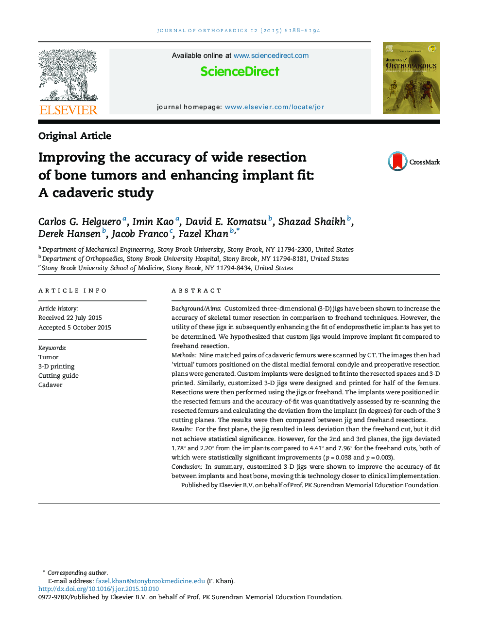 Improving the accuracy of wide resection of bone tumors and enhancing implant fit: A cadaveric study