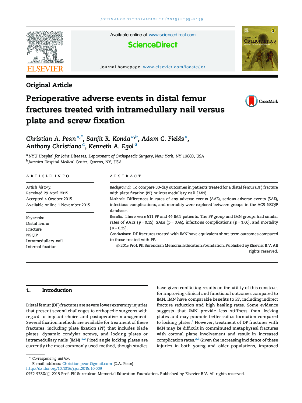 Perioperative adverse events in distal femur fractures treated with intramedullary nail versus plate and screw fixation