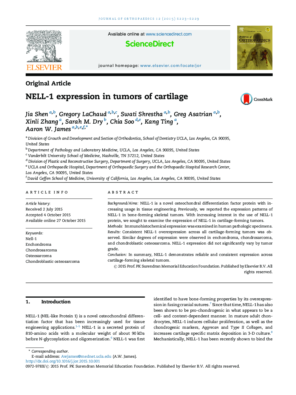 NELL-1 expression in tumors of cartilage