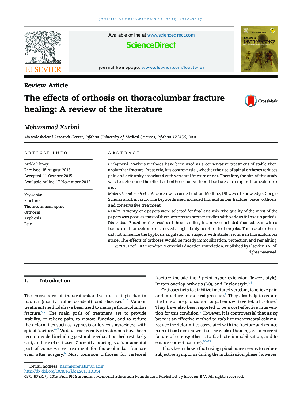 The effects of orthosis on thoracolumbar fracture healing: A review of the literature
