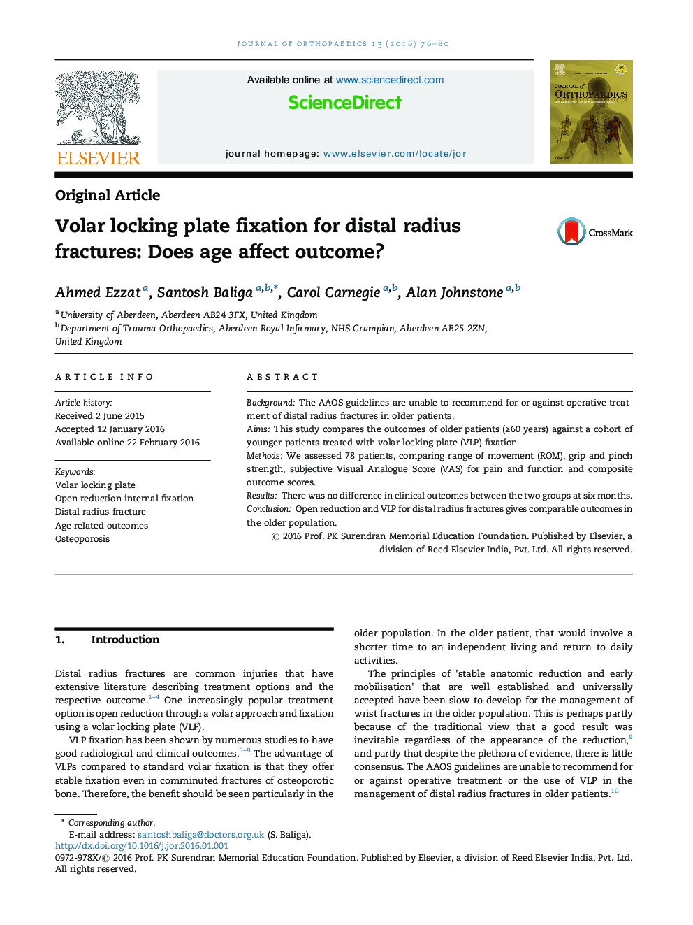 Volar locking plate fixation for distal radius fractures: Does age affect outcome?