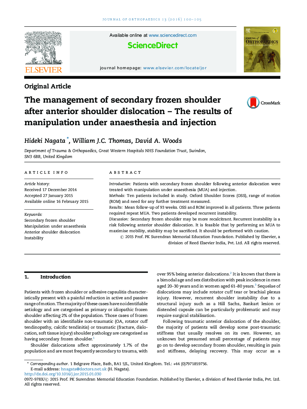 The management of secondary frozen shoulder after anterior shoulder dislocation – The results of manipulation under anaesthesia and injection