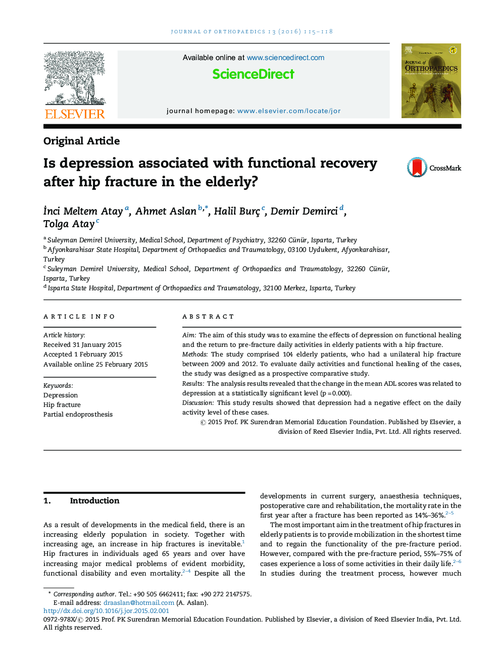 Is depression associated with functional recovery after hip fracture in the elderly?