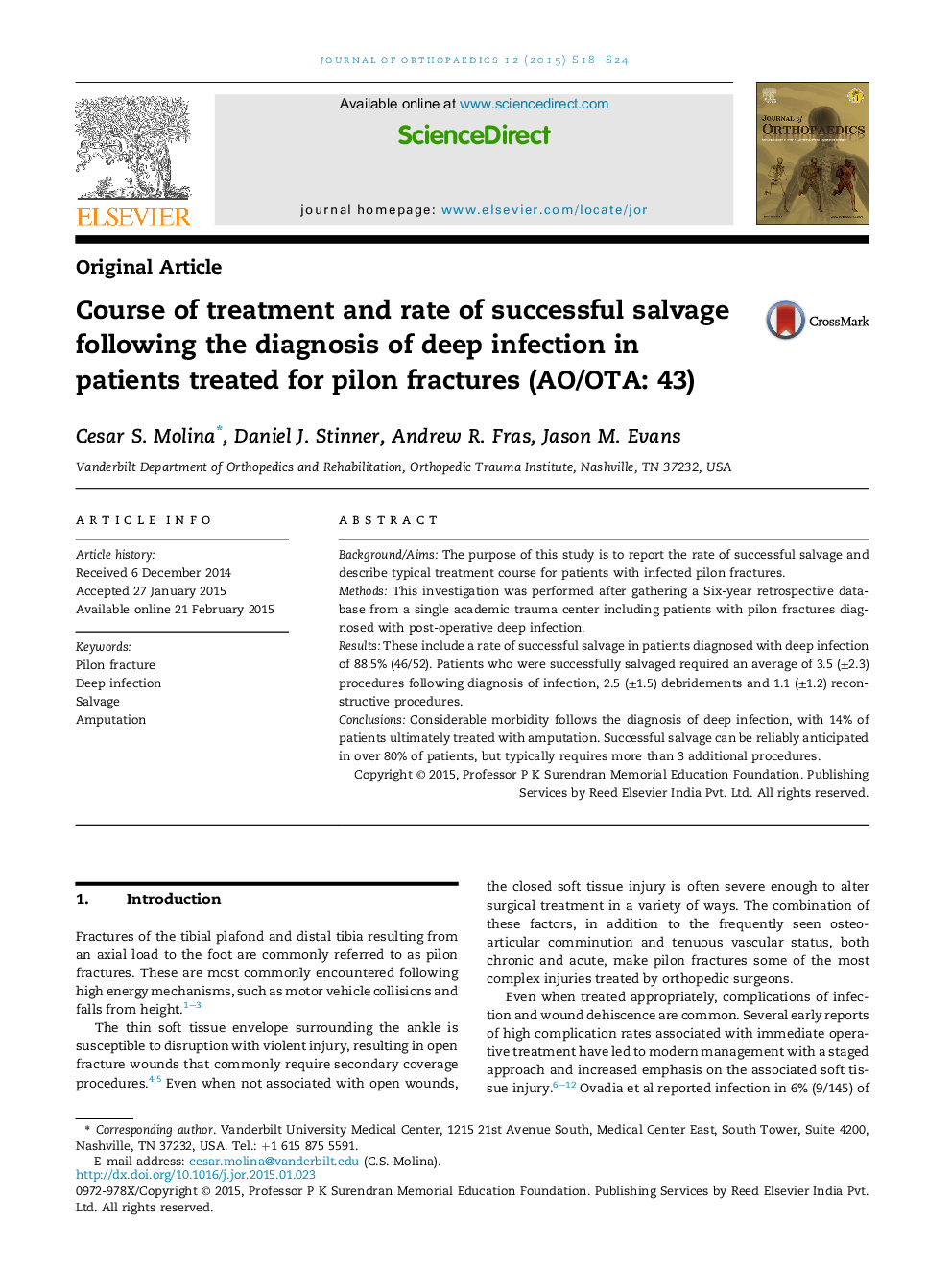 Course of treatment and rate of successful salvage following the diagnosis of deep infection in patients treated for pilon fractures (AO/OTA: 43)