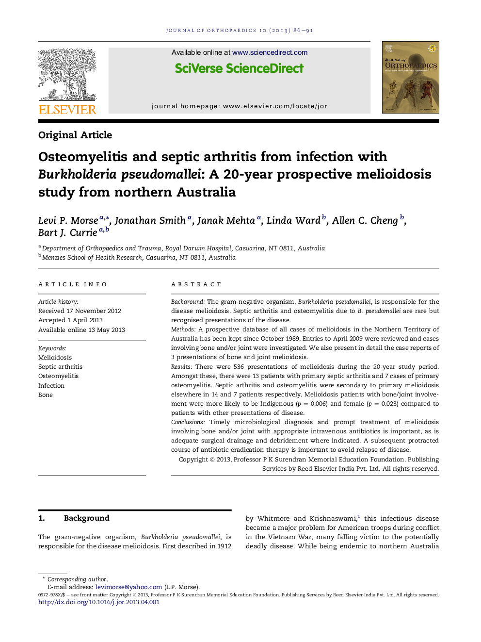 Osteomyelitis and septic arthritis from infection with Burkholderia pseudomallei: A 20-year prospective melioidosis study from northern Australia