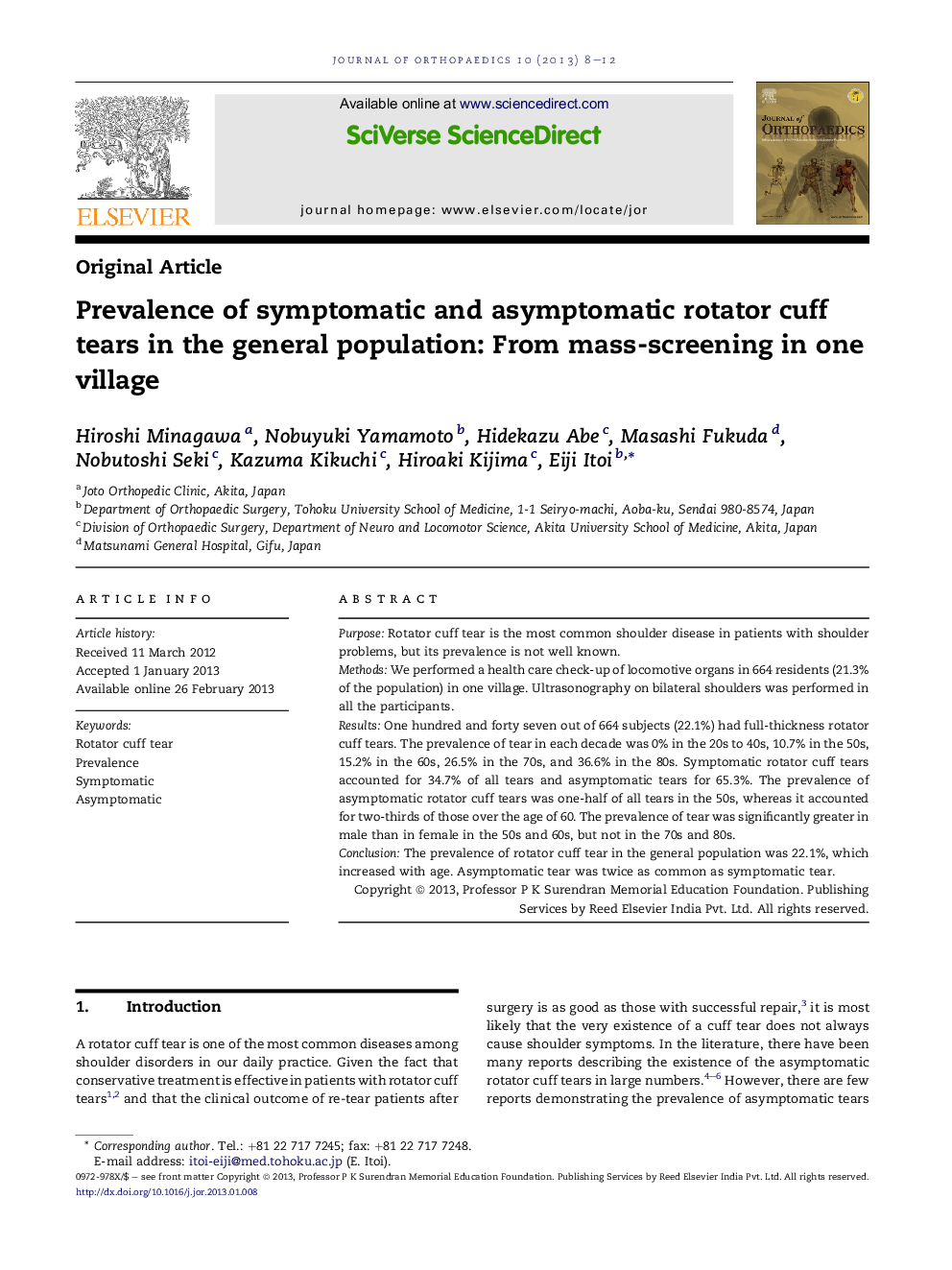 Prevalence of symptomatic and asymptomatic rotator cuff tears in the general population: From mass-screening in one village