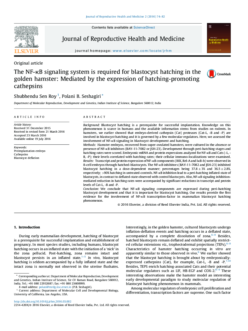 The NF-κB signaling system is required for blastocyst hatching in the golden hamster: Mediated by the expression of hatching-promoting cathepsins