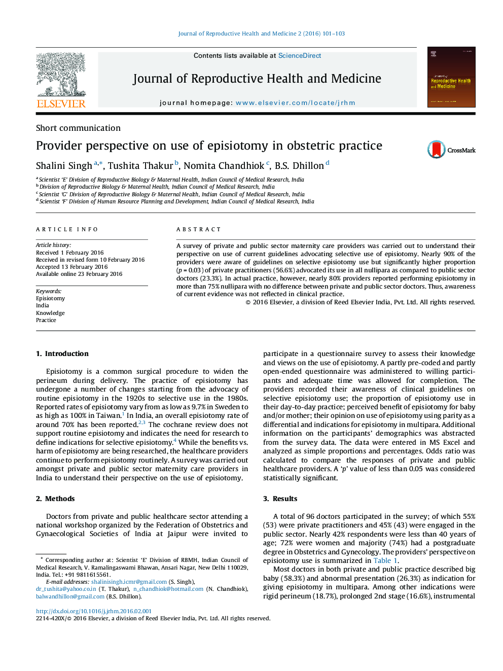 Provider perspective on use of episiotomy in obstetric practice