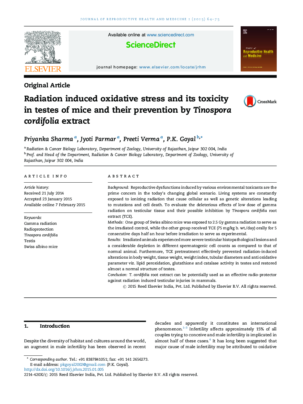 Radiation induced oxidative stress and its toxicity in testes of mice and their prevention by Tinospora cordifolia extract
