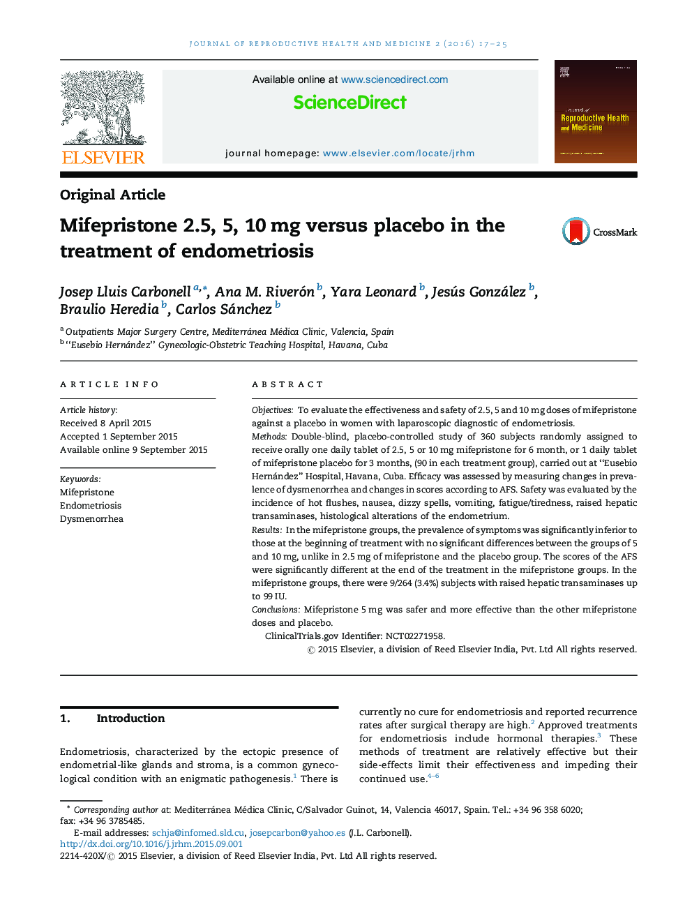 Mifepristone 2.5, 5, 10 mg versus placebo in the treatment of endometriosis