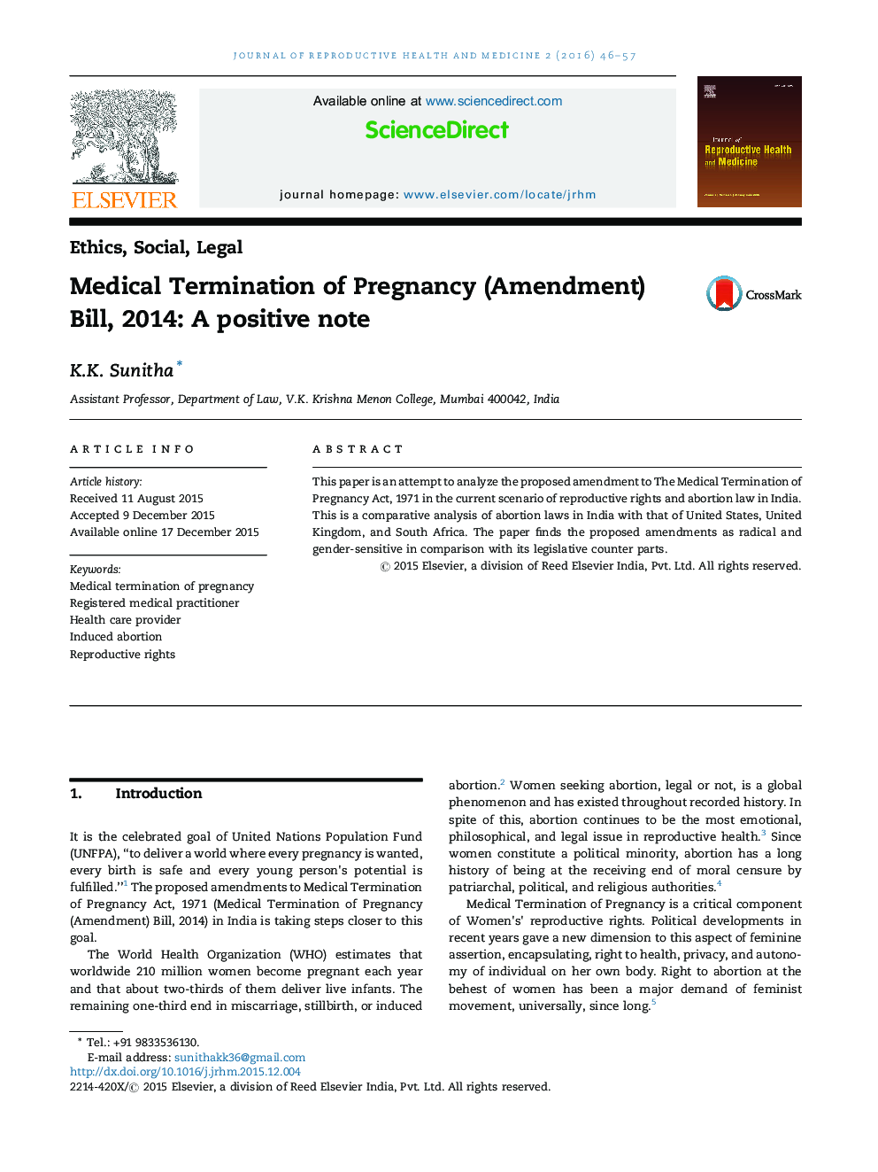 Medical Termination of Pregnancy (Amendment) Bill, 2014: A positive note