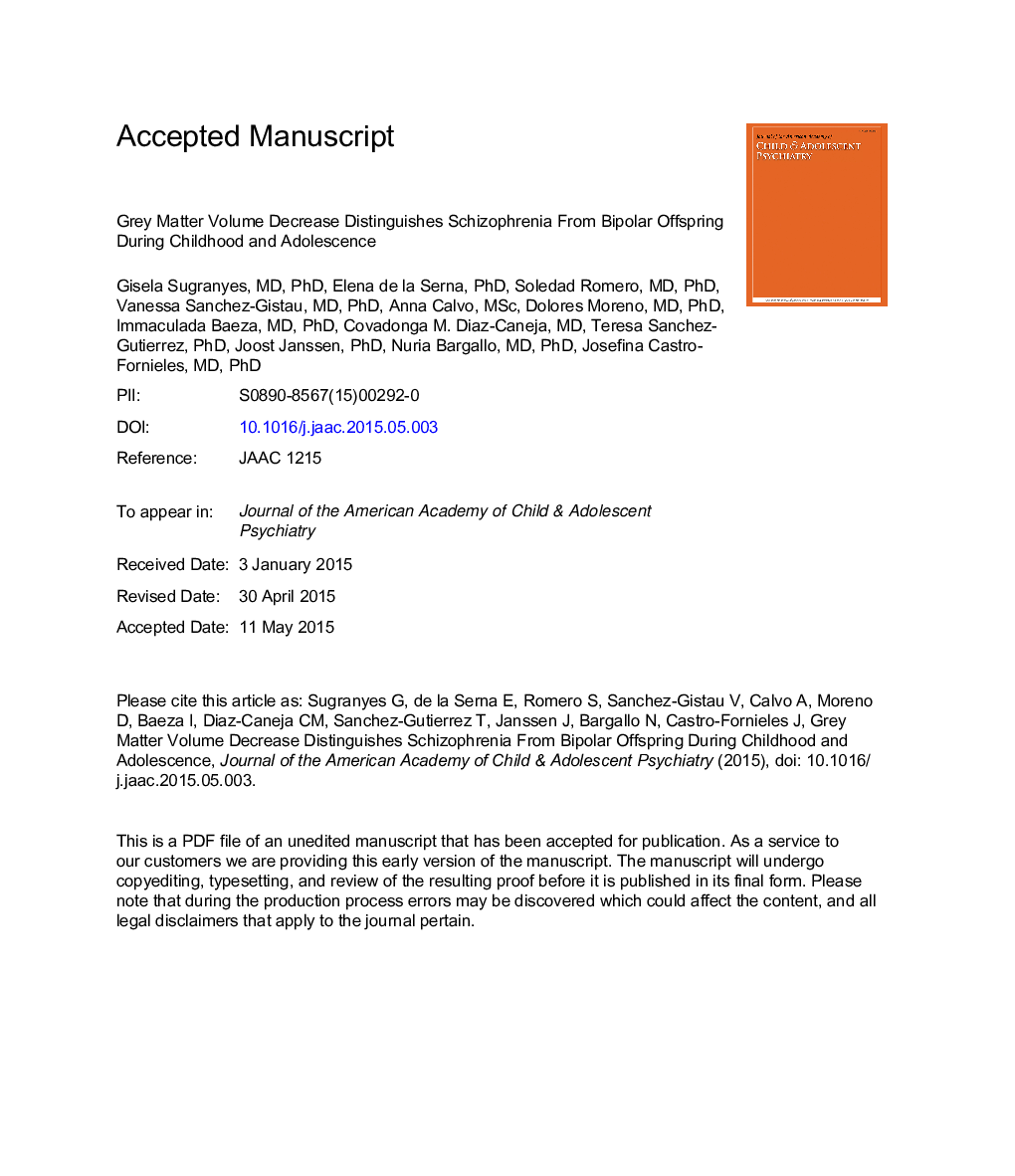 Gray Matter Volume Decrease Distinguishes Schizophrenia From Bipolar Offspring During Childhood and Adolescence