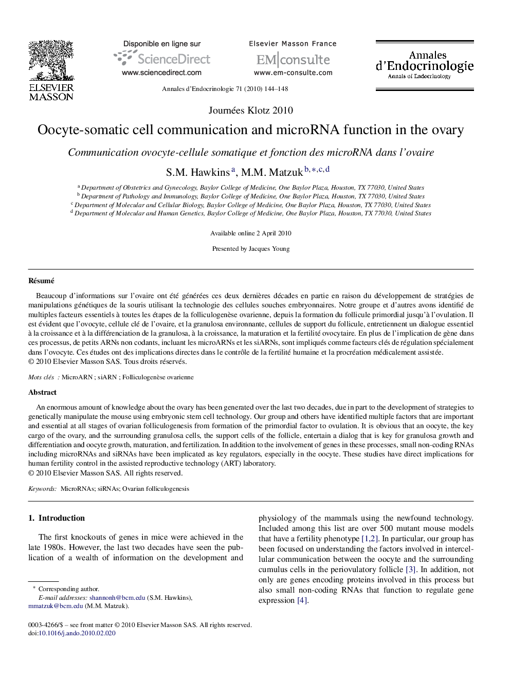 Oocyte-somatic cell communication and microRNA function in the ovary