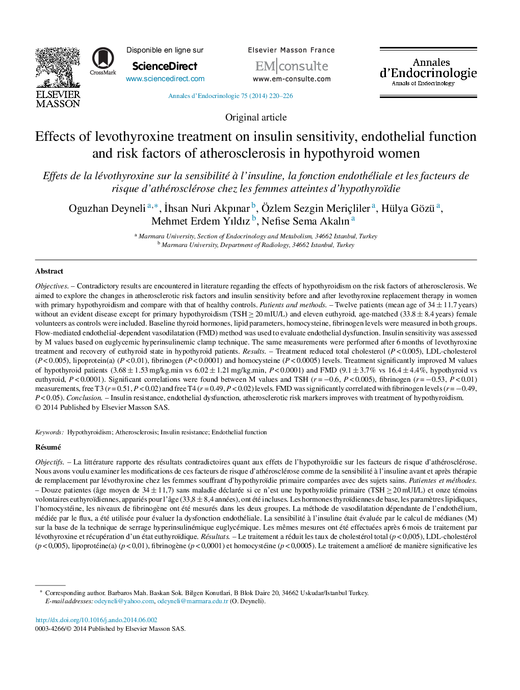 Effects of levothyroxine treatment on insulin sensitivity, endothelial function and risk factors of atherosclerosis in hypothyroid women